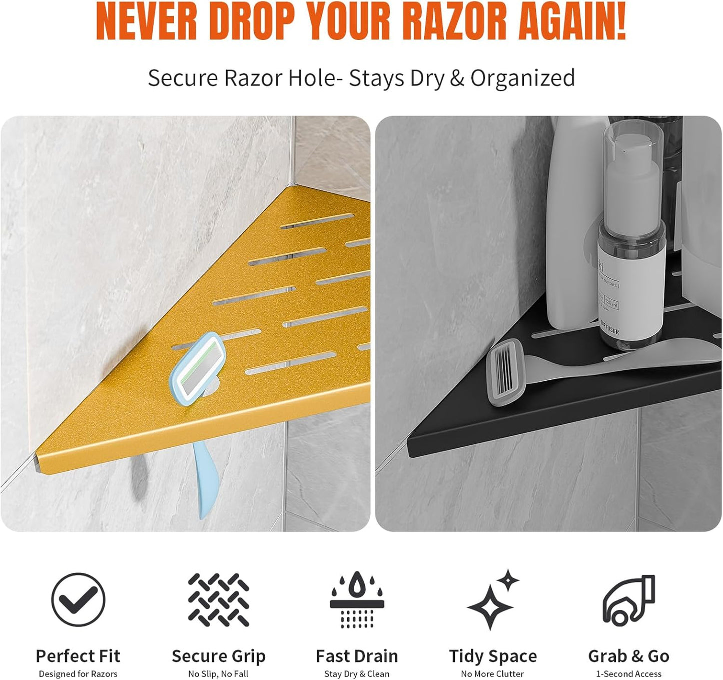 Shower Corner Shelf with Razor Hole,Modern Style Shower Caddy, Sturdy 304 Stainless Steel Shower Organizer,No Drilling Bathroom Corner Shelf for Tile Wall Gold 2 Pack-10