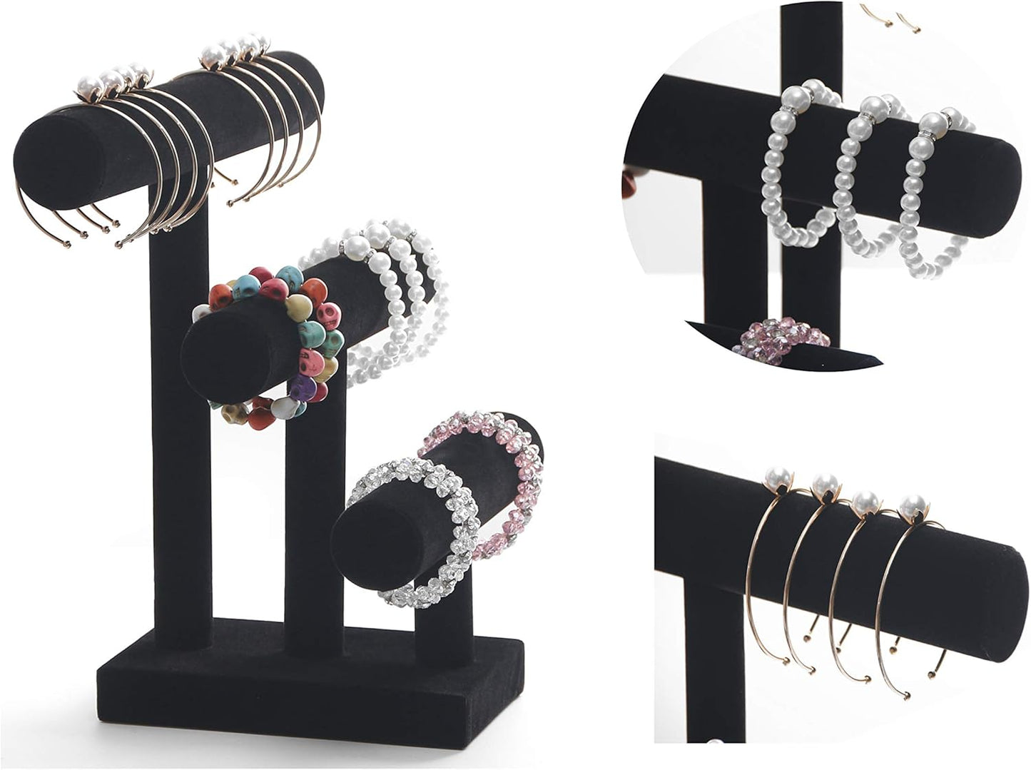 Wuligirl 3 Tier Bracelet Holder T-Bar Jewelry Stand Velvet Jewelry Holder Jewelry Display Bangle Organizer Storage Holder Velvet Black (3T Bar)
