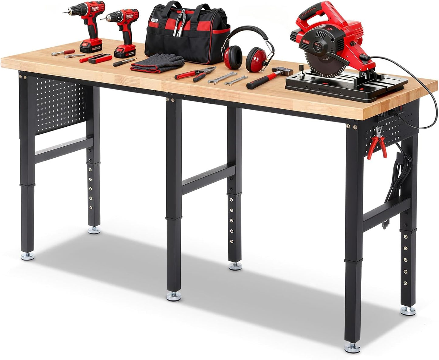 Workbench 72 x 24 Inch Heavy Duty Adjustable Height Work Table with Power Outlets & Extended Pegboard 5000 lbs Load Capacity for Garage, Workshop, Home, Office