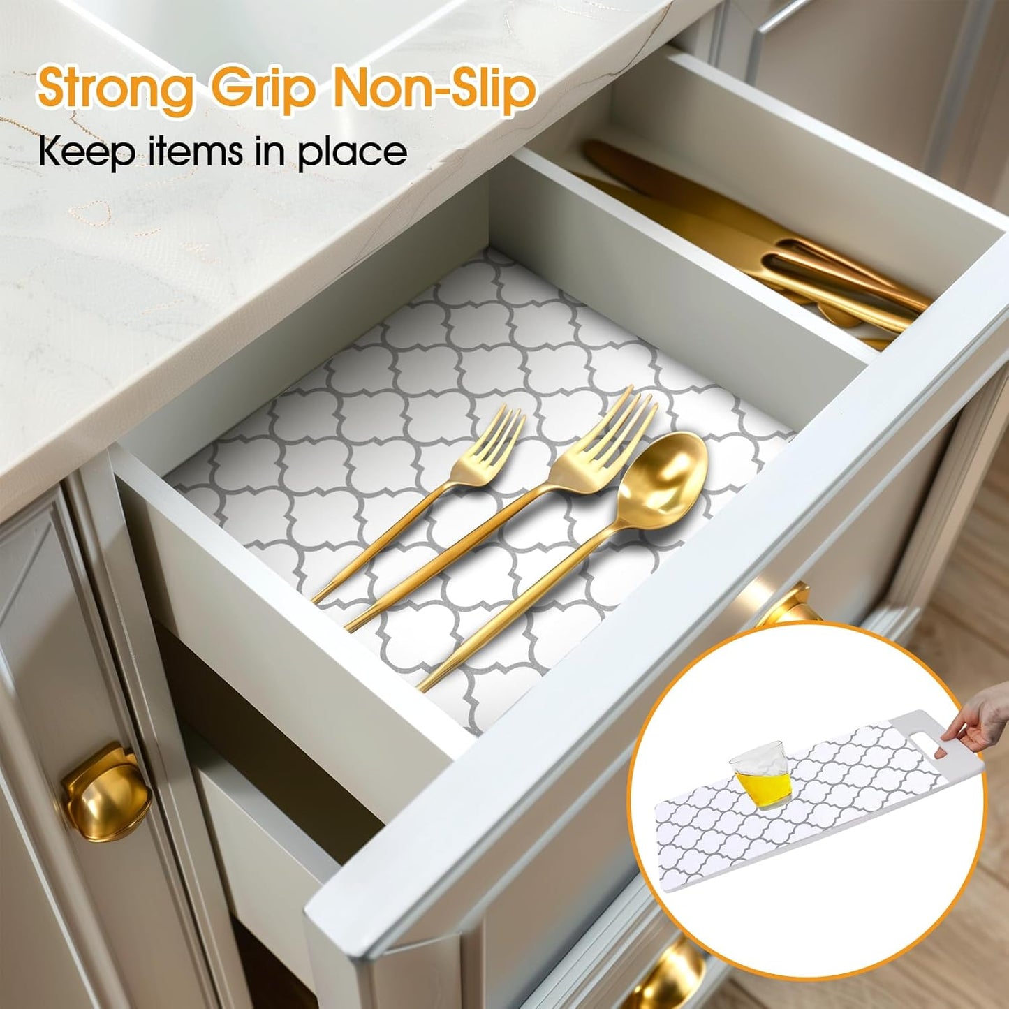 Shelf and Drawer Liner for Kitchen Cabinets Non-Adhesive, Strong Grip Non-Slip Thickened Cabinet Liners for Shelves, Waterproof Mats for Dresser Cupboard, White/Gray, 17 in x 10 Feet