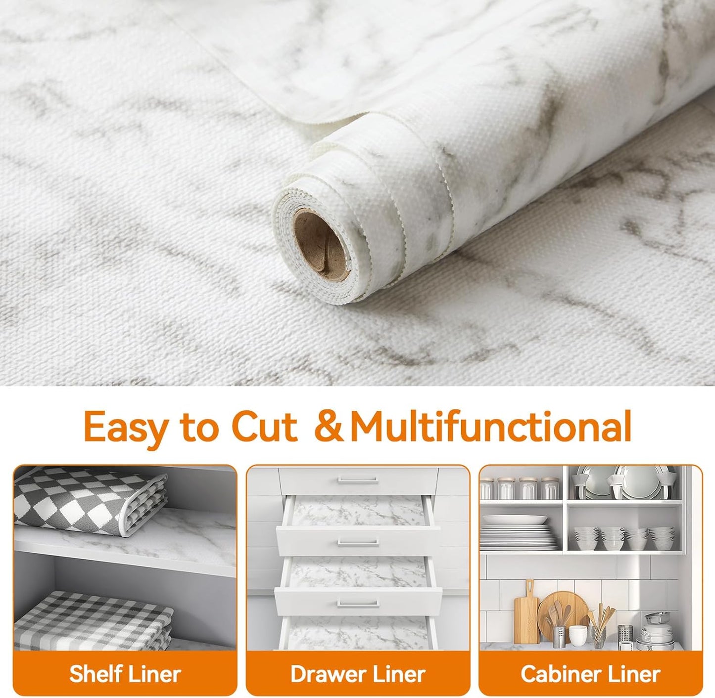 Shelf and Drawer Liner for Kitchen Cabinets Non-Adhesive, Strong Grip Non-Slip Thickened Cabinet Liners for Shelves, Waterproof Mats for Dresser Cupboard, Marble, 24 in x 10 Feet