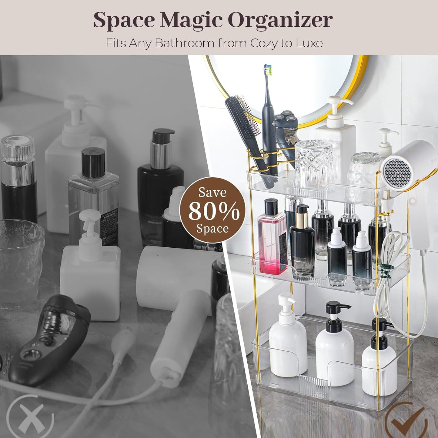 Bathroom Counter Organizer Countertop, 3 Tier Makeup Perfume Storage with Hair Dryer Rack and Toothbrush Holder, Cosmetic Tray for Vanity - Clear