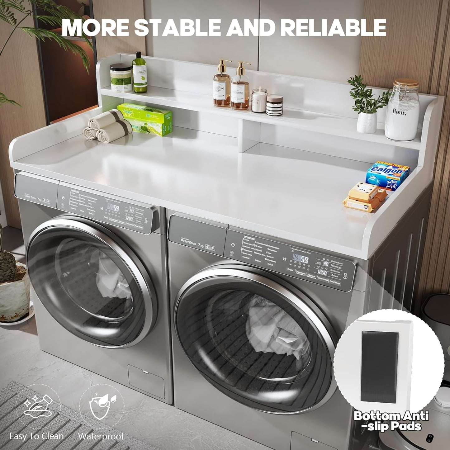2-Tier Washer and Dryer Countertop with 2.75" H Guard,58" W x 28" D Laundry Countertop Cover with Non-Slip Pad,Large Space Laundry Topper for Folding Clothes Over Washer and Dryer-White