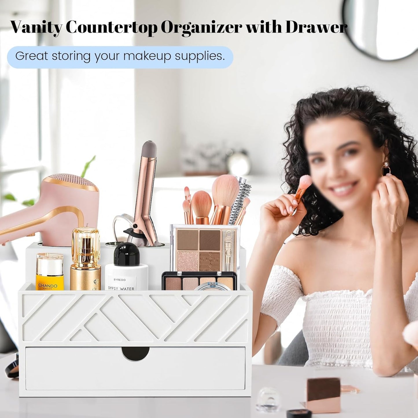 Hair Tool Organizer, Hair Dryer Holder with Drawer, Bathroom Countertop Organizer for Bathroom Accessories, Blow Dryer Organizer for Hair Styling Tools, Vanity Organizer for Bathroom, Vanity, Kitchen