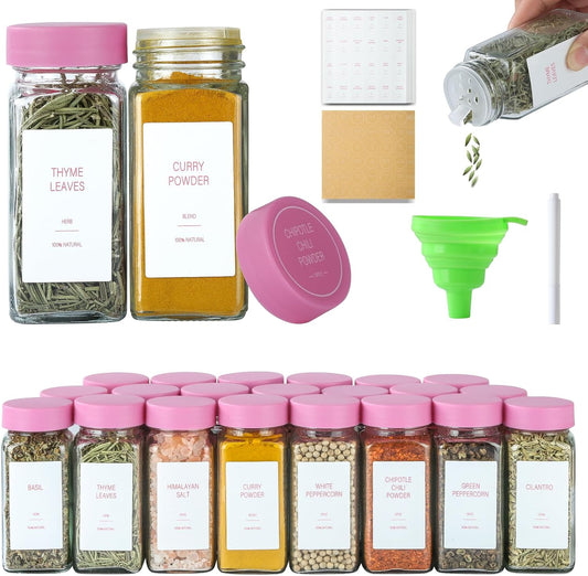 Pink Spice Jars with Label，4oz Seasoning Containers, Glass Spice Bottles with Shaker Lids,Funnel, Chalk Pen(Pink, 36)