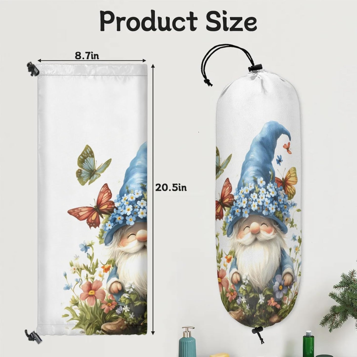Flowers Butterfly Gnome Plastic Bag Holder 2 Pcs Grocery Bag Organizer Reusable Trash Bags Organizer Wall Mount Washable Kitchen Dispenser Holders with Drawstring Closure