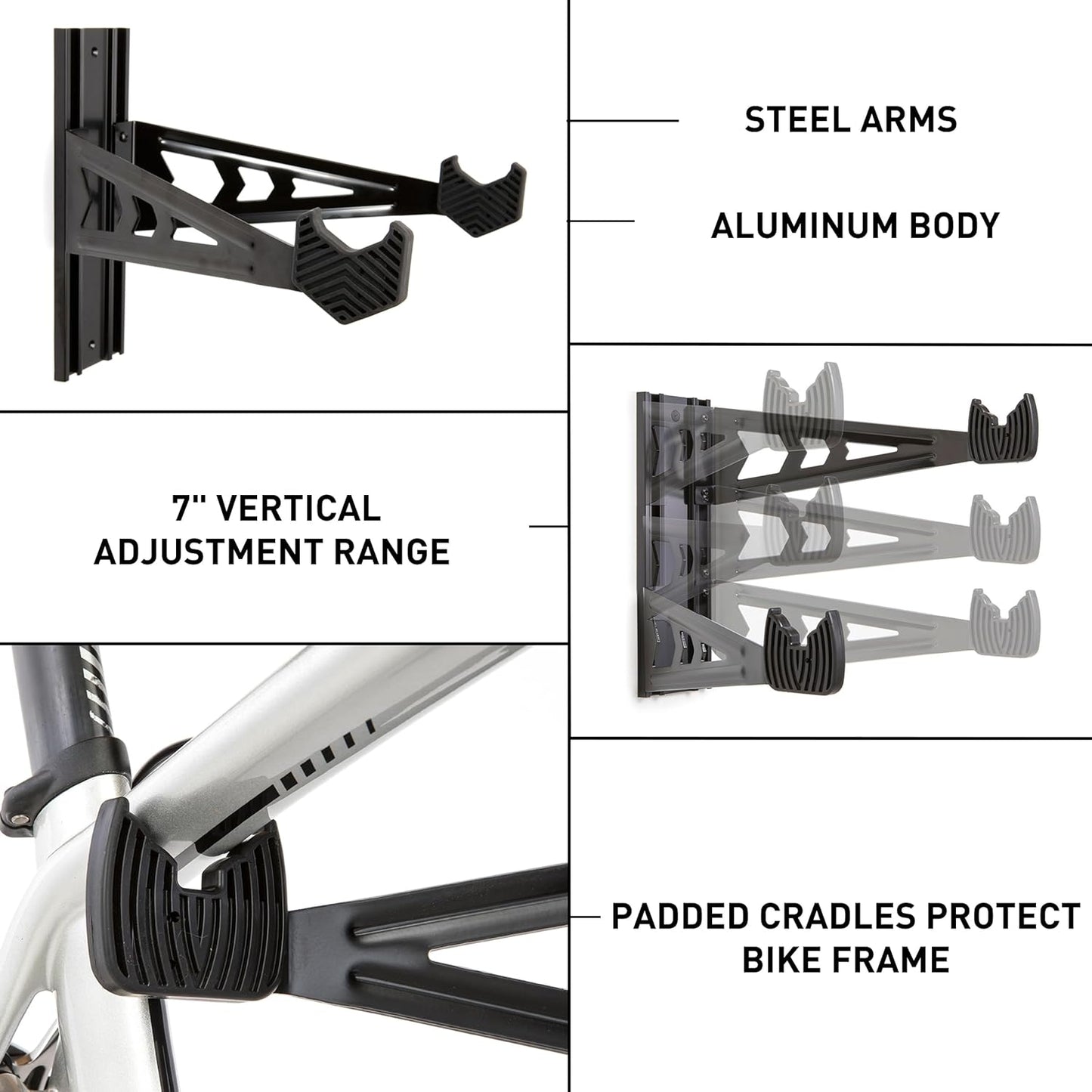 FEEDBACK SPORTS | Velo Wall Rack Bike Storage | Bicycle Hanger Mount W/Adjustable Arms | Road, Gravel, Mountain Bike Compatible | For Garage, Apartment, Shed | Black