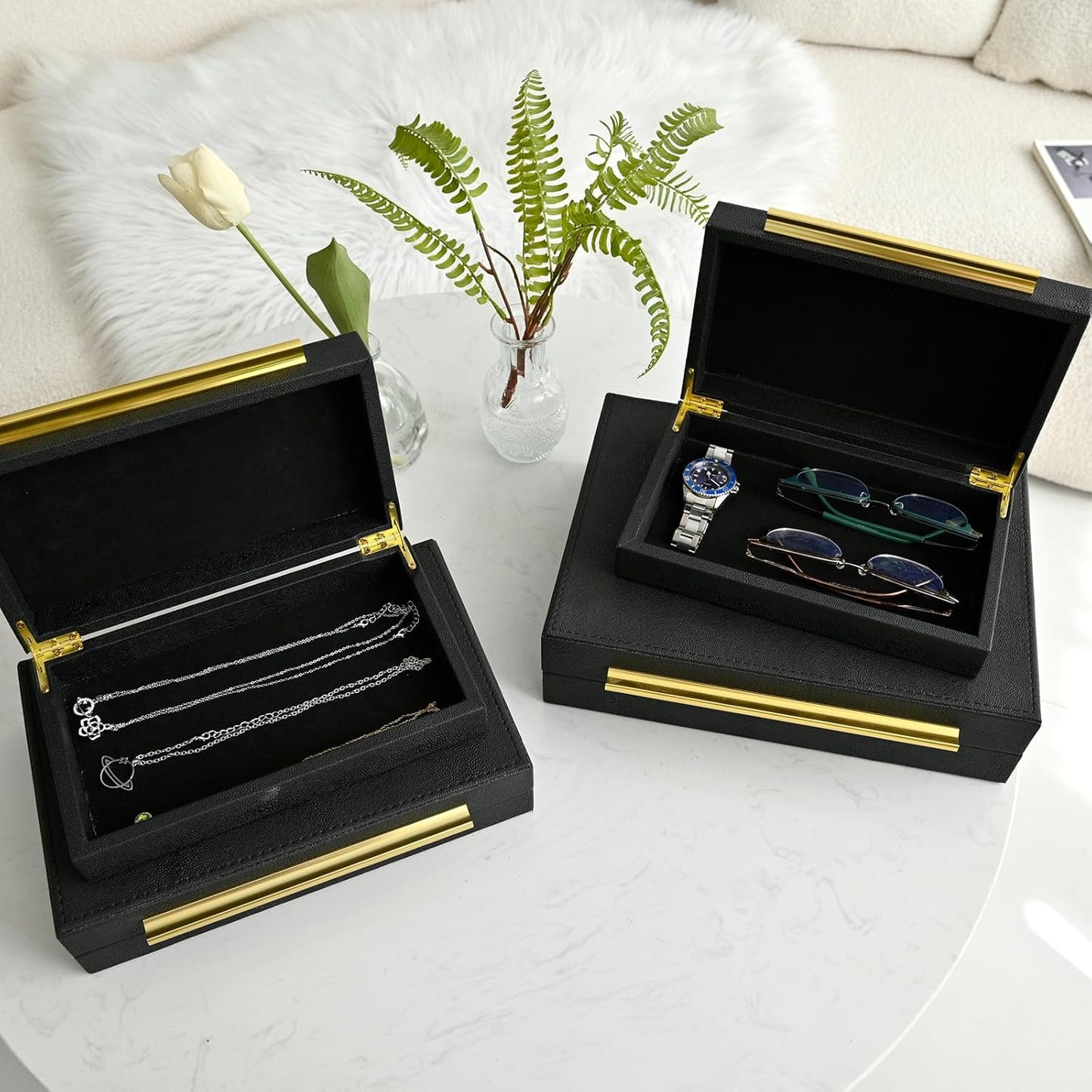 Faux Shagreen Leather Jewelry Boxes Set of 4 with Gold Handles, Stackable Decorative Storage Organizer for Rings, Earrings, Vanity, Dresser, Black