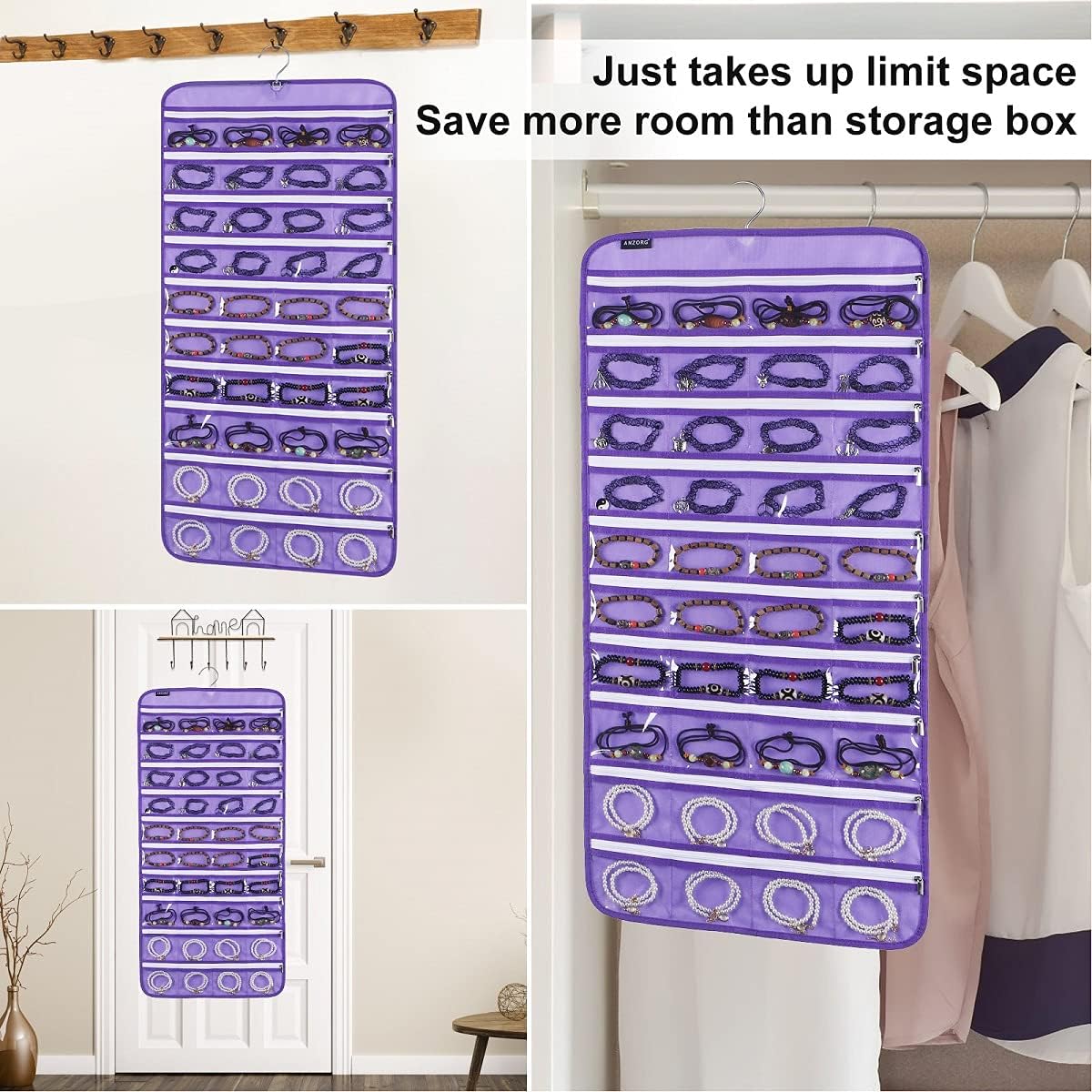 Dualsided Hanging Jewelry Organizer with 40 Zippered Pockets and 20 Hook Loops Necklace Holder Jewelries Organizer for Earrings Bracelets Rings with 360 Degree Rotating Hanger (40 Zippered