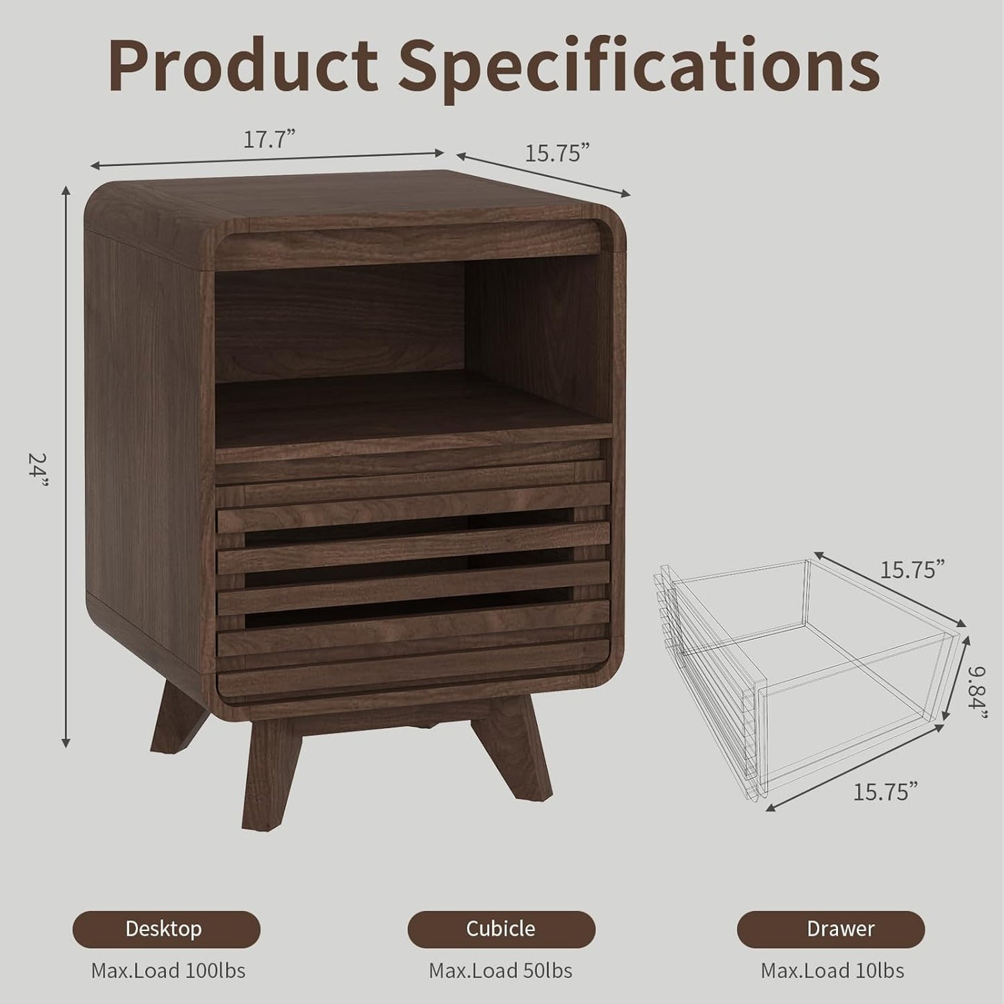 Fluted Night Stand Nightstand with Drawer Storage Grille Bed Side Table End Table Large Modern Wide Bedside Stand Tall Night Stands for Bedroom Living Room Sofa Couch Home Office, Dark Walnut