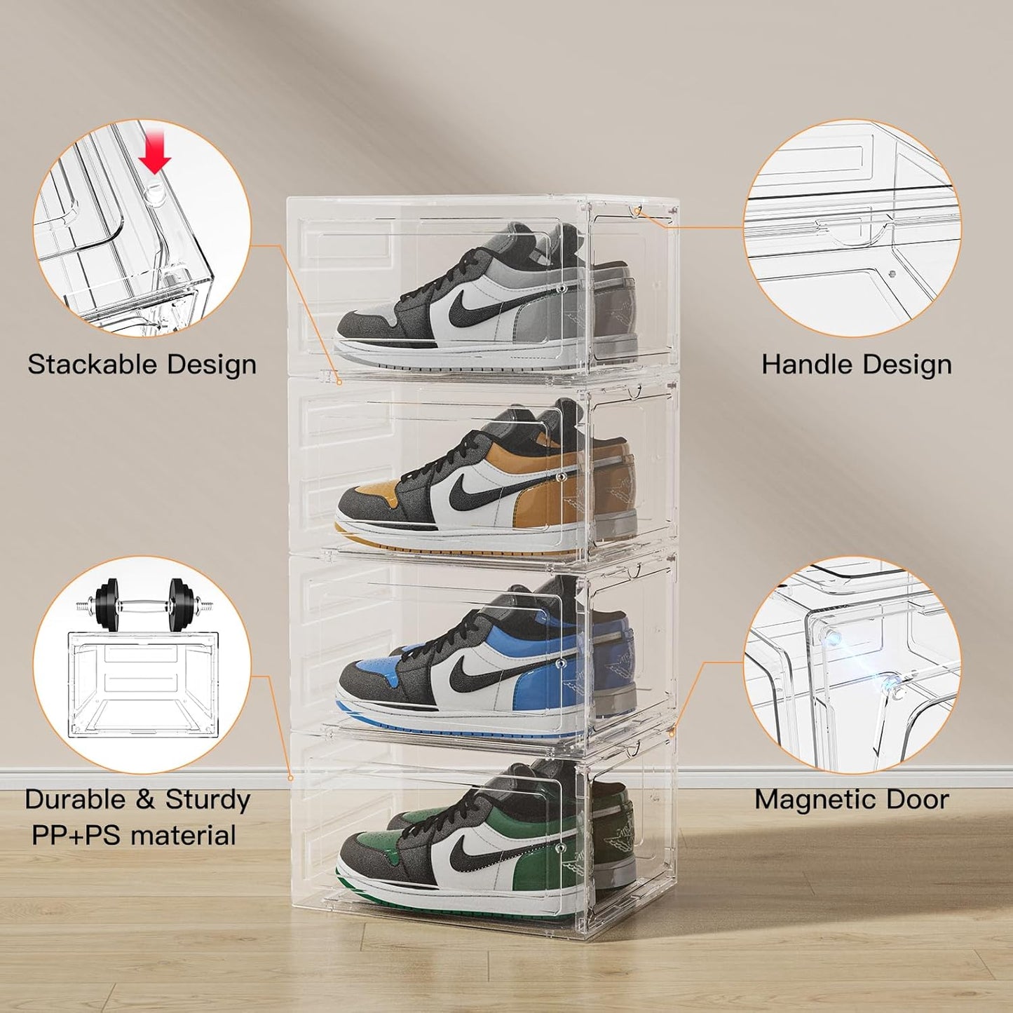 Upgraded Clear Shoe Storage Boxes Stackable 9 Pack Shoe Organizer for Closet, Drop Front Shoe Boxes with Magnetic Door, Shoe Sneaker Display Case, Shoe Storage Organizer, Fit US Size up to 13