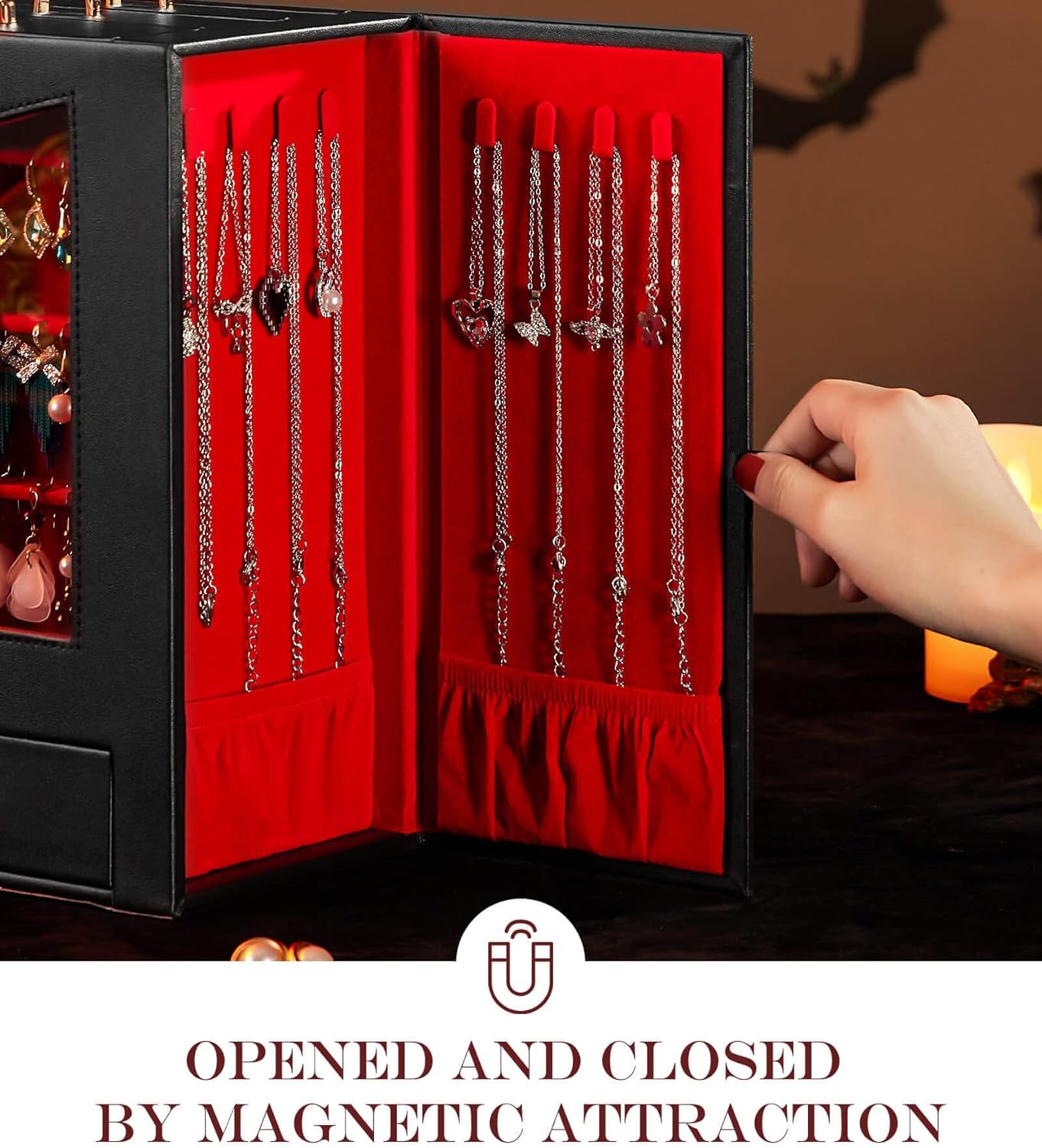 Homde Jewelry Organizer with Transparent Window Necklace Hooks Gift for Women Jewelry Box Display Case for Necklaces Rings Earrings Bracelets and Other Jewelry Accessories (Black + Red +Gold)
