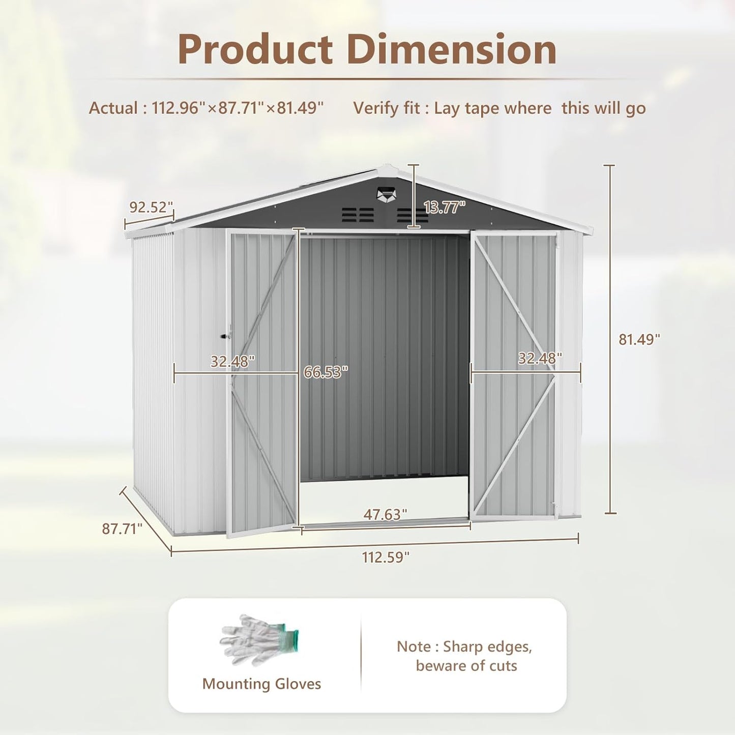 10X8 FT Outdoor Storage Shed, Metal Garden Shed - Tool Storage Sheds with Lockable Doors, Waterproof Outside Storage Building for Backyard, Patio (White; Floor Not Included)