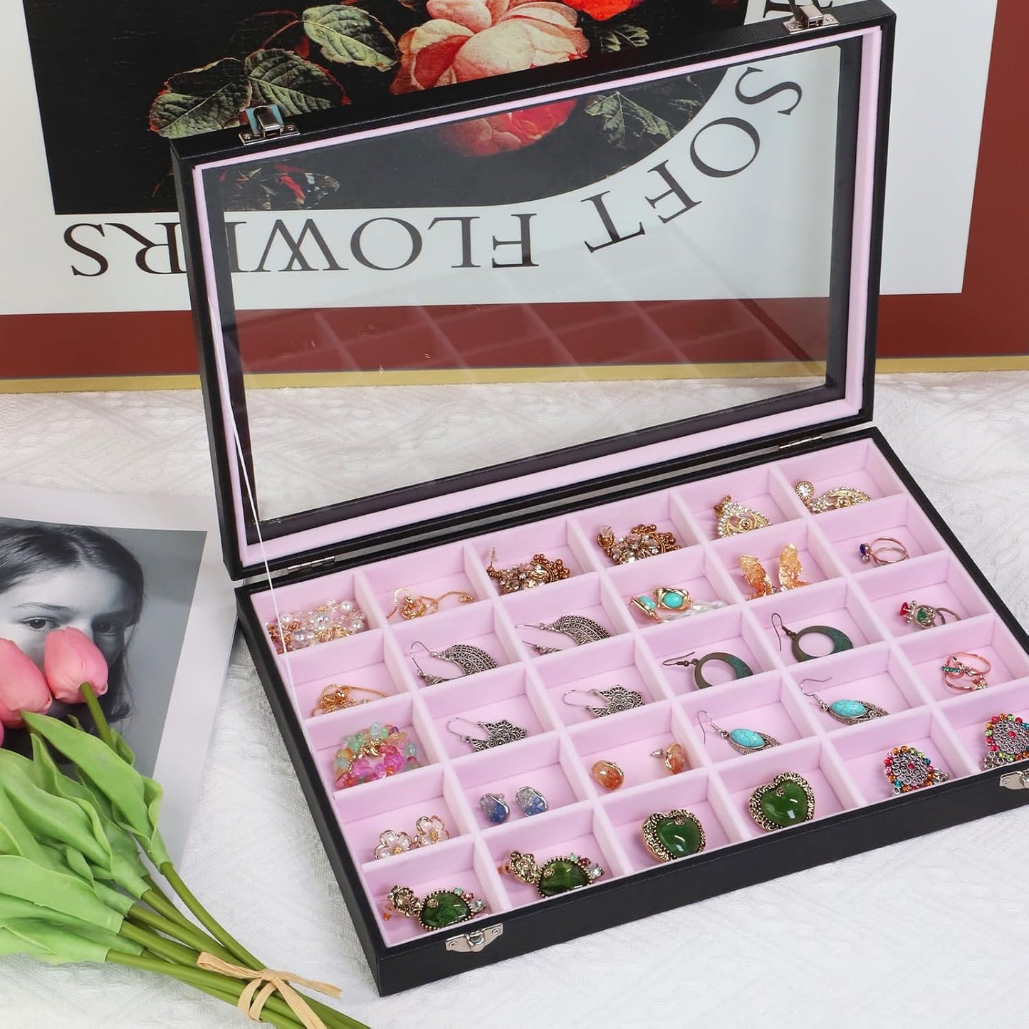 Stratalife Jewelry Organizer Earring Holder Jewelry Tray with Lid Earring Storage Drawer Organizer Earring Ring Storage for Women 30 Grid (Pink Black)