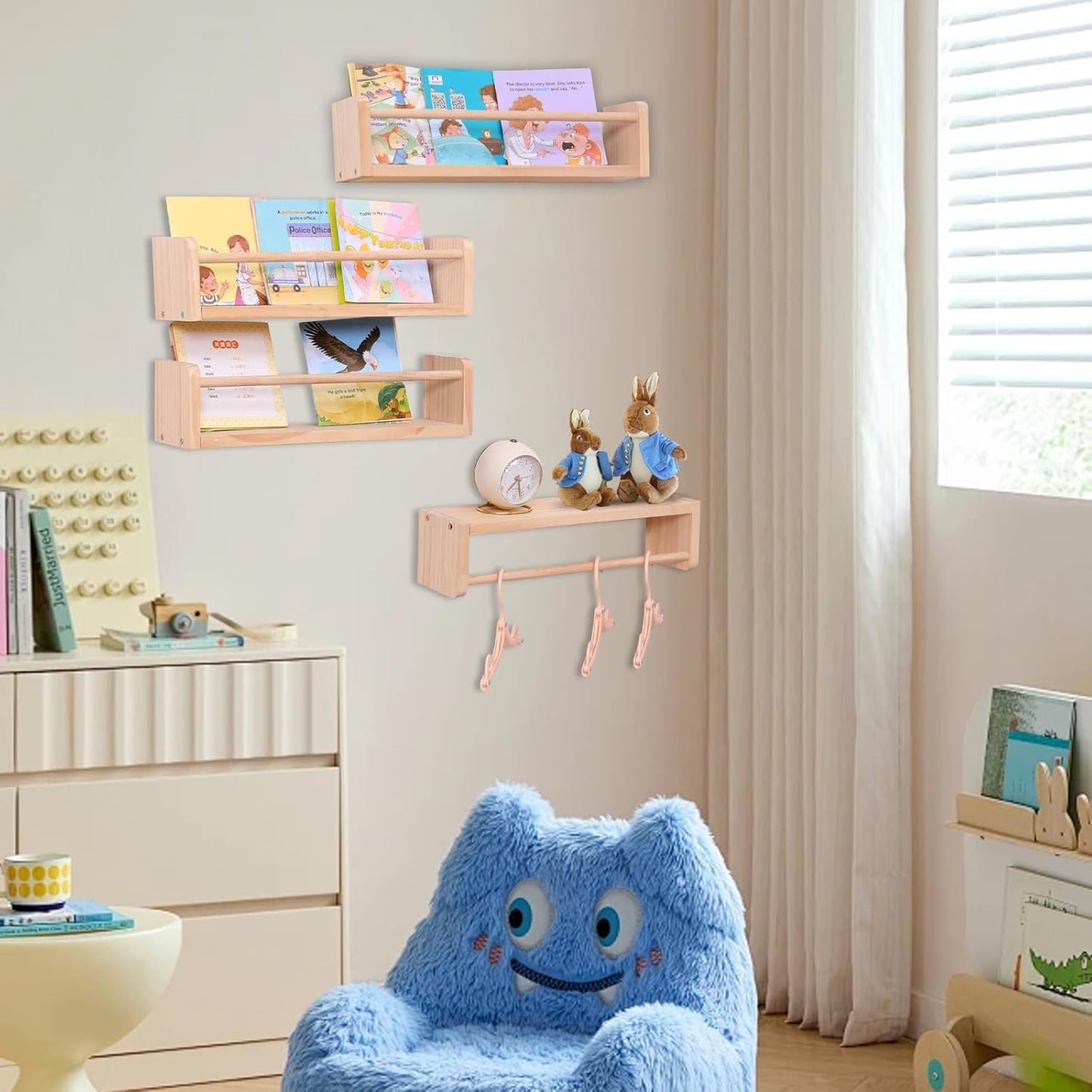 Set of 4 Wall-Mounted Kids Bookshelf - Pine Floating Nursery Book Shelves - Ideal for Nursery Shelf Decor ，Kids Room Toy Storage