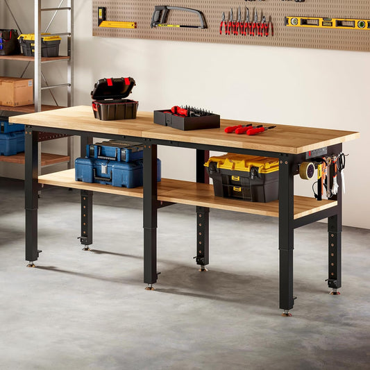 SPECRAFT Adjustable 2-Tier Workbench with 4 AC Outlet and 2 USB Ports Power Outlets, 2000 Lbs Capacity Heavy Duty Workbench, Rubber Wood Top for Garage, Workshop, Office（72x24in）