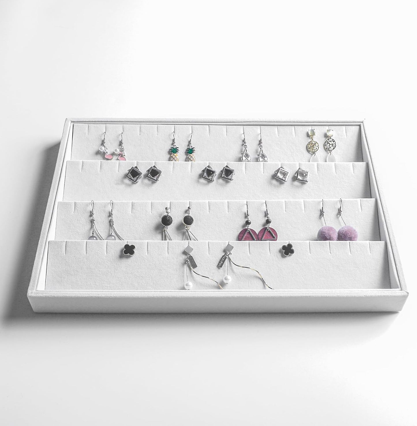Frebeauty Stackable Velvet Jewelry Organizer Trays for Drawers Inserts Jewelry Storage Tray Display Case, Stud Earrings Bracelets Necklace Rings Accessories Trays for Women(Set of 4)(White)