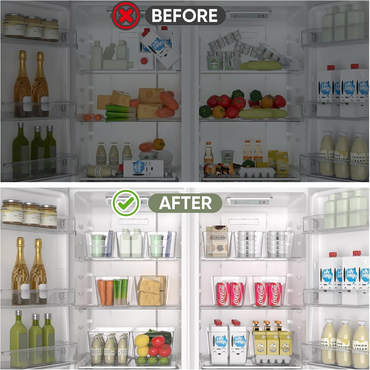 BALEINE Clear Plastic Storage Bins, Pantry Organization, BPA Free Stackable Refrigerator Organizers and Storage with Handles for Kitchen Fridge Cabinet Bathroom (8PK, 10.5x6x5)