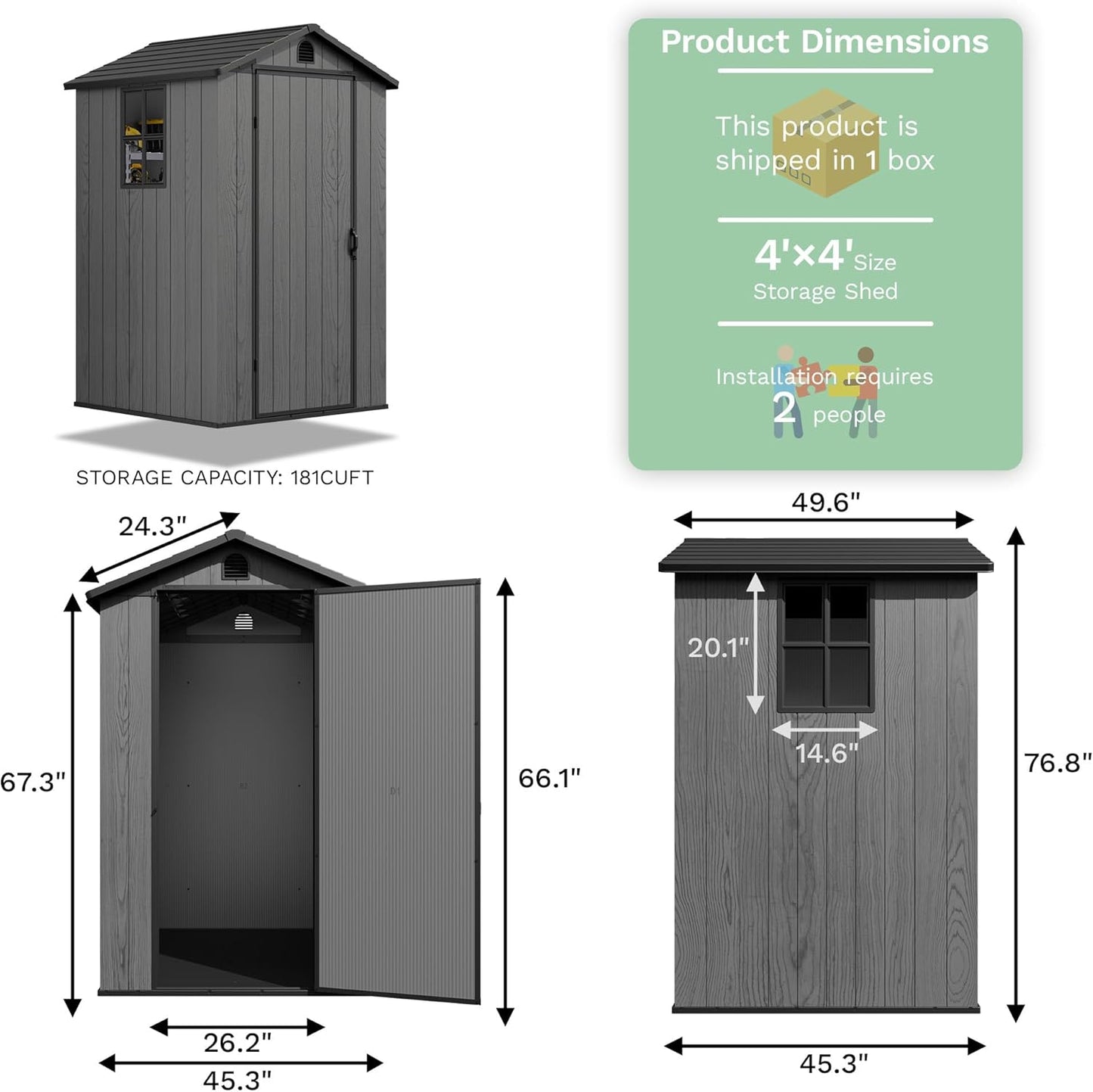 Greesum 4x4FT Plastic Outdoor Storage Shed with Floor, Resin Storaged Sheds with Lockable Door, All Weather Durable Tool Shed with Window and Vent, for Garden, Backyard, Patio, Dark Gray
