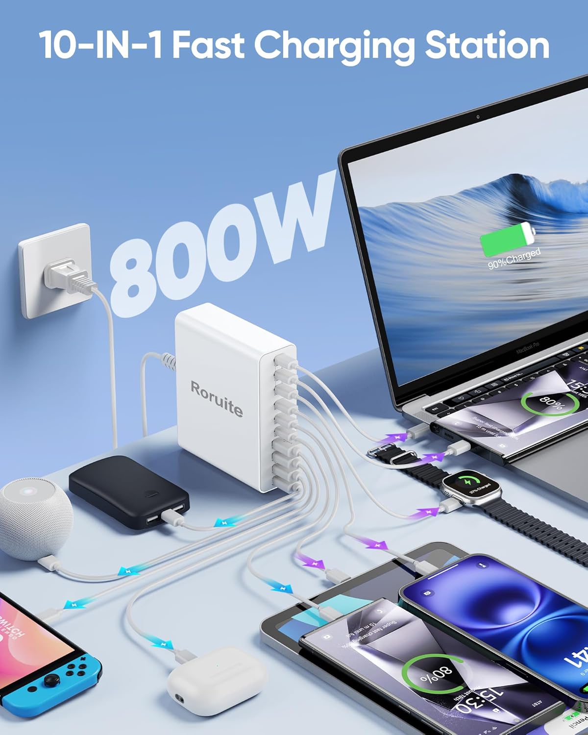 800W USB Charging Station, 120W PD GaN5 Super Fast USB C Charger Block-10 Port, Type C for PC Laptop MacBook Pro/Air Charger Compatible with iPhone 17 16 15 14 13 12 Pro Max, iPad, Galaxy