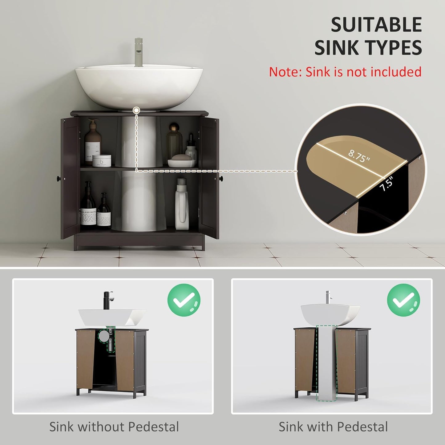 HOMCOM Under Sink Bathroom Cabinet, Pedestal Sink Storage Cabinet with 2 Doors, Shelf and U-Shape, Coffee