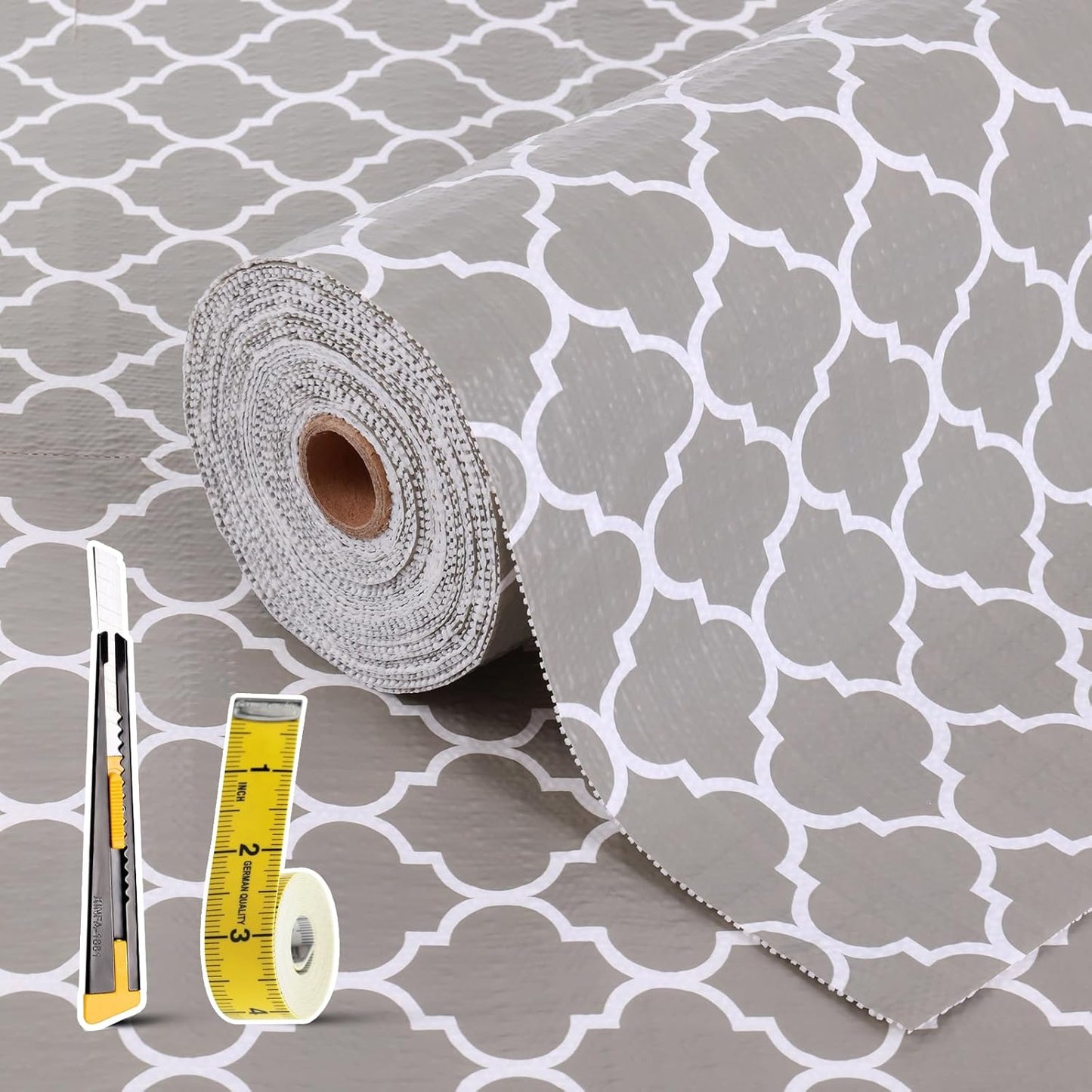 Drawer and Shelf Liner for Kitchen Cabinet: 12 in X 30 Ft Non Slip Waterproof Shelf Paper Non Adhesive Refrigerator Liners Gray Quatrefoil Easy Liners for Bathroom Cupboard with Knife Tape Measure