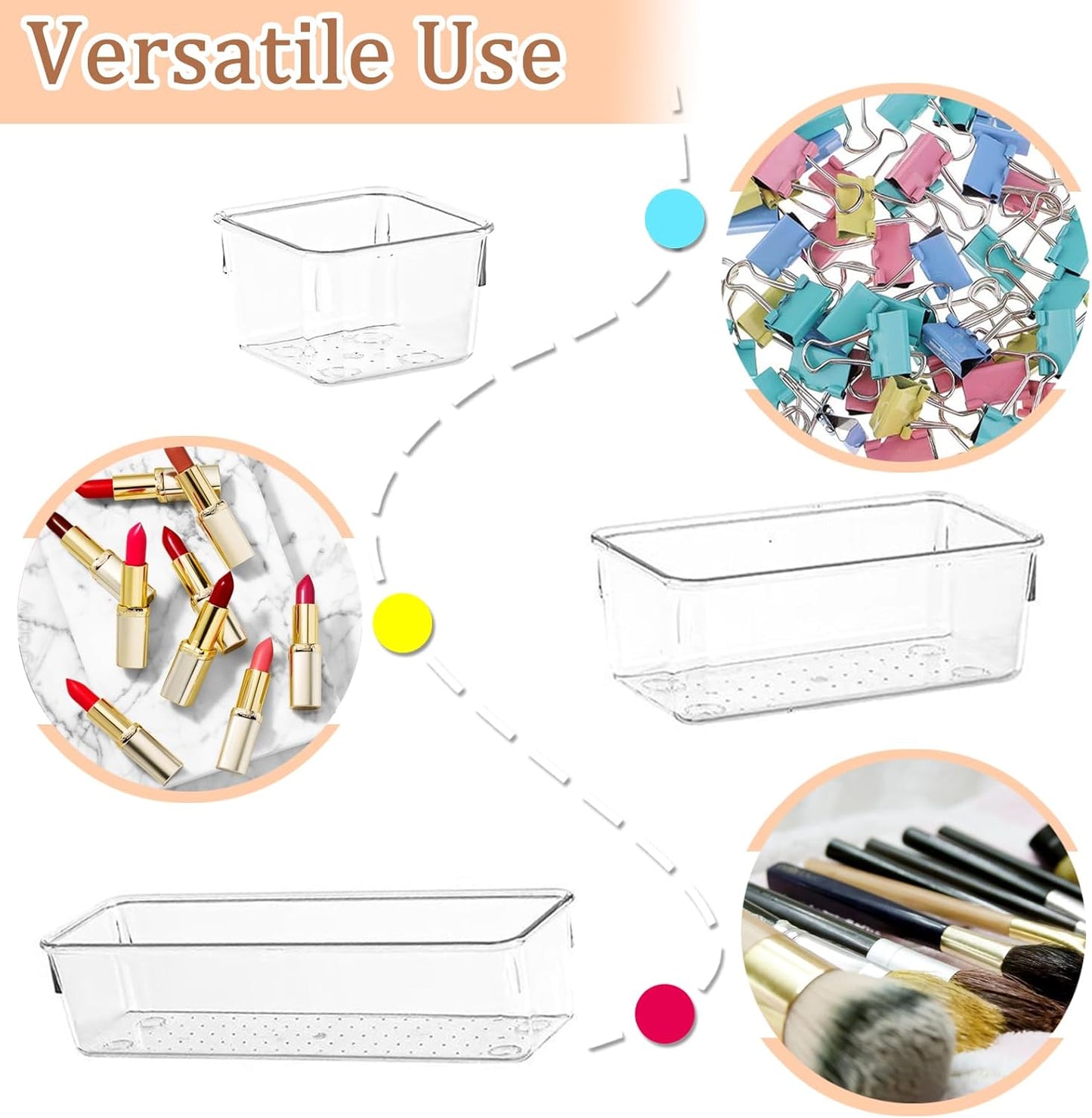 6 Pack Clear Drawer Organizer Set,Versatile Bathroom and Vanity Organizer Trays,Acrylic Drawer Storage Trays,Storage Bins for Makeup Jewelries,Cosmetics,Gadgets,Kitchen Utensils and Office