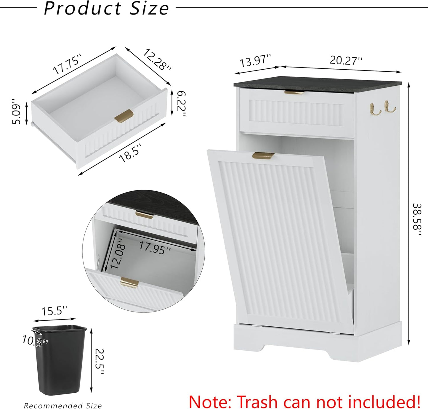 13 Gallons Tilt Out Trash Can Cabinet, Wooden Fluted Trash Garbage Can Cabinet with Drawers, Hidden Laundry Hamper with Hooks for Kitchen Living Room, White