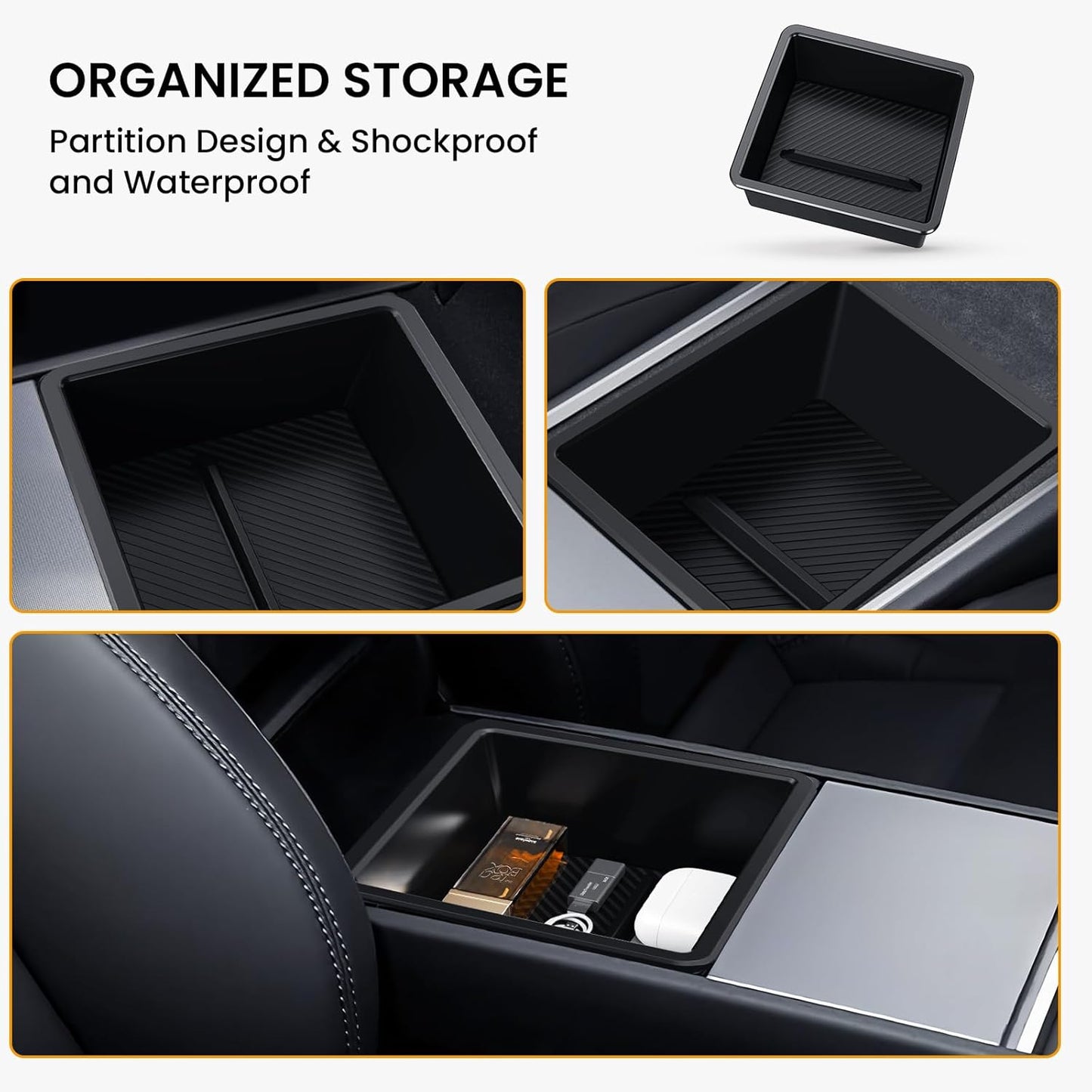 3PCS Center Console Organizer Tray for Tesla 2025 Model Y Juniper & Model 3 Highland 2025 2024, 2025 Upgrade Car Accessories with Center Console Storage Tray Armrest Hidden Storage Box