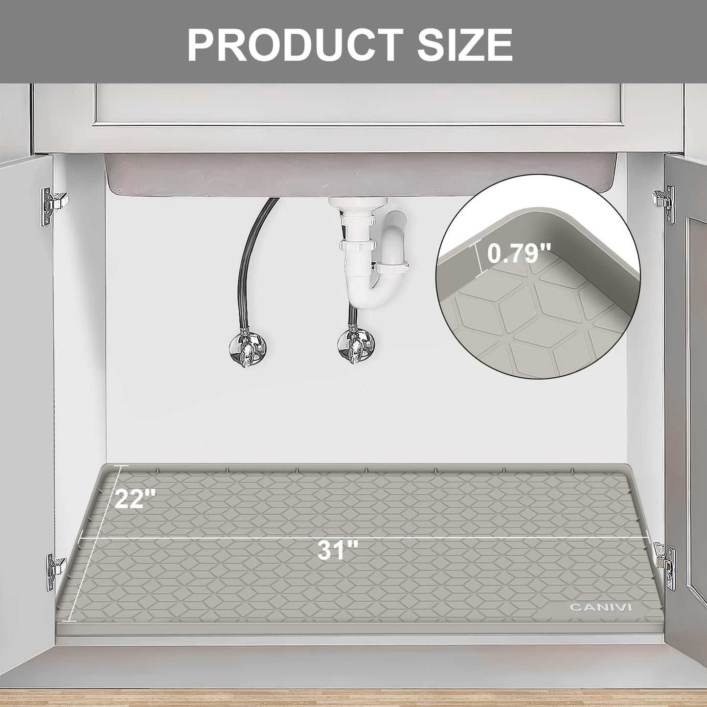 Under Sink Mat, 31" x 22" Waterproof Silicone Under Sink Tray for Kitchen & Laundry Cabinets, Kitchen Cabinet Shelf Protector, Up to 3.2 Gallons Liquid, Fits 36 inch Standard Cabinet (Khaki)