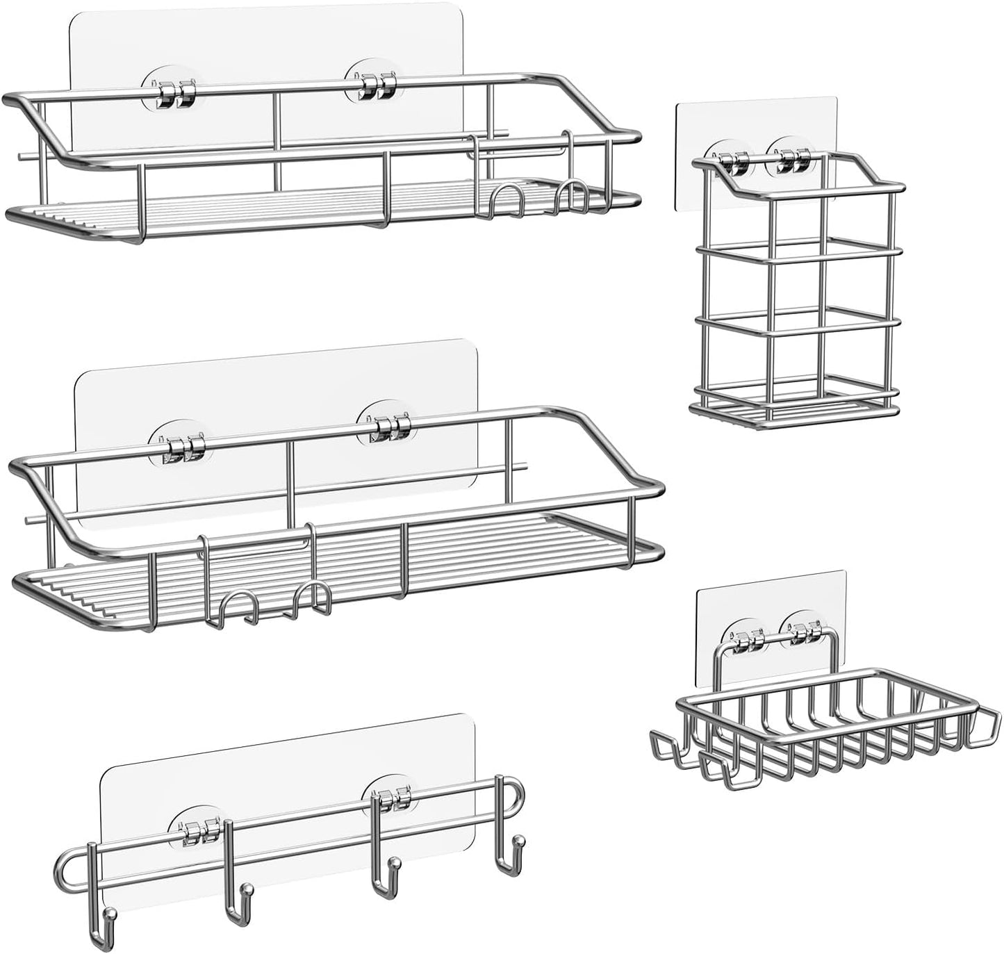 Nieifi Shower Caddy Shelf with Hooks Storage Rack Organizer Adhesive Stainless Steel without Drilling for Bathroom, Lavatory, Washroom, Restroom, Shower, Toilet, Kitchen (Sliver, 5 Pack)