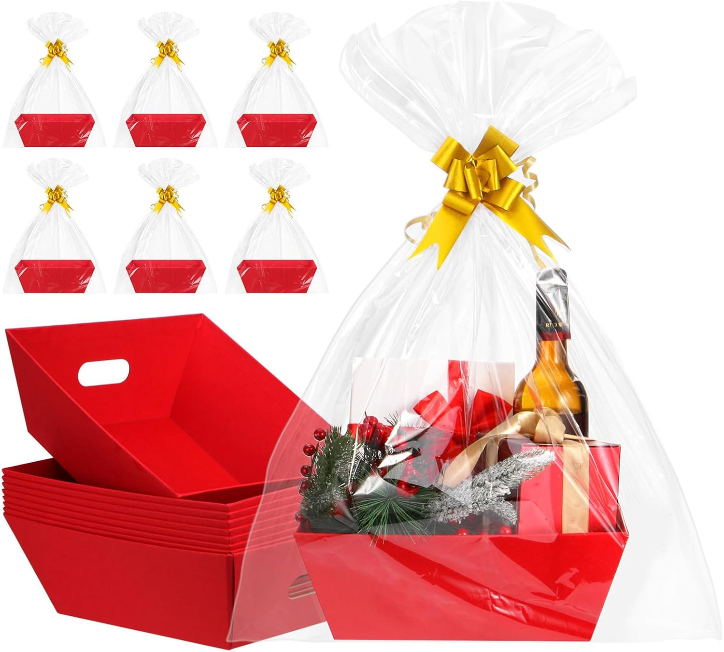 AFOROEOA 10PACK Red Baskets For Gifts Empty, 10x12”Thick Kraft Gift Basket with 10 Bows 10 Bags Empty Gift Baskets for Christmas, Easter, Birthdays, Snacks, Farmers Market