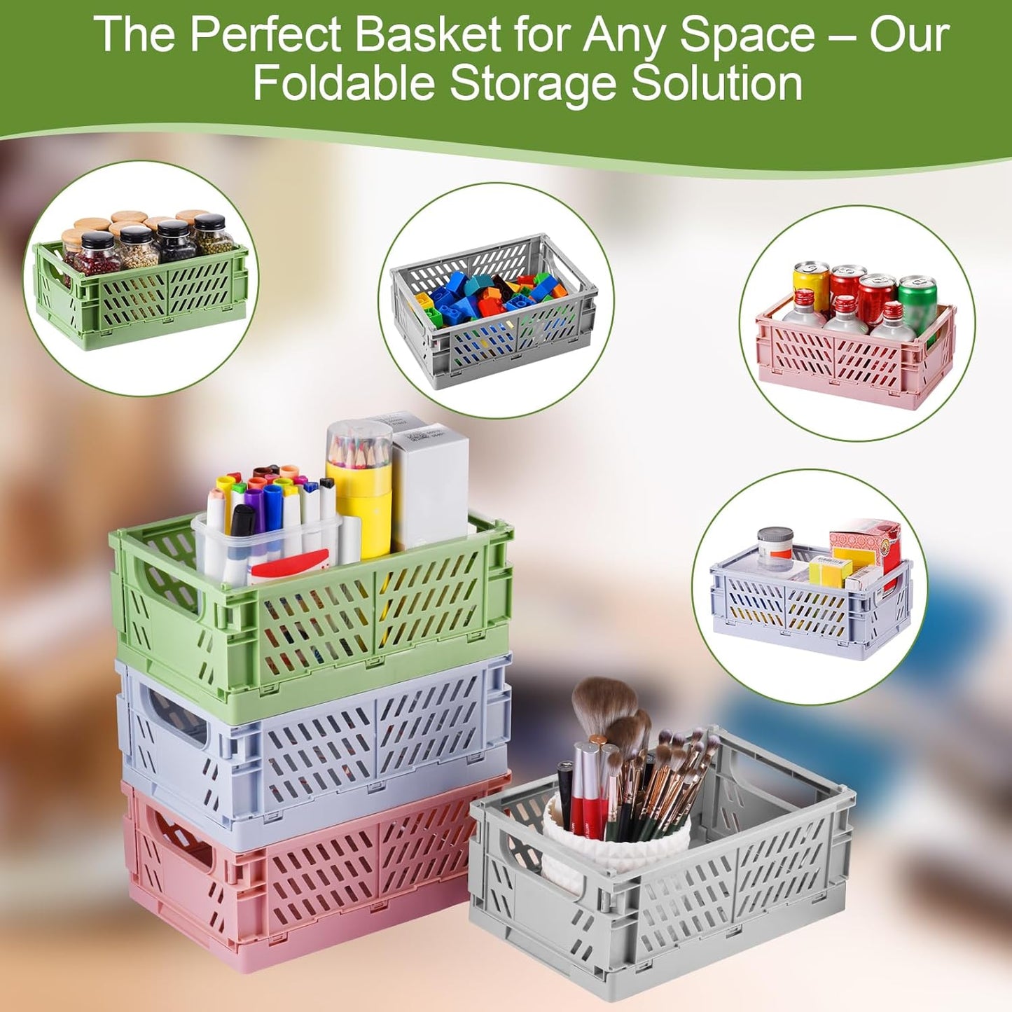 4-Pack Small Pastel Plastic Storage Baskets, Collapsible Crates for Organizing, Space-Saving Mini Bins for Classroom, Kitchen, Office, Bedroom (Blue, 9.8" x 6.5" x 3.8")
