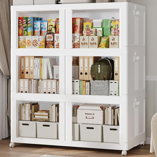 600Qt Stackable Storage Bins with Lid and Wheels, 150Gal Plastic Closet Organizer and Storage Drawer, Large Collapsible Storage Box Cabinet with Clear Door for Home Kitchen Office, 3Pack White