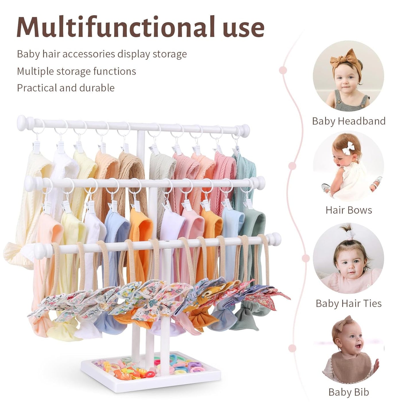 POVETIRE Headband Holder Stand Storage for Baby, 3 Tier Wooden Bow Organizer for Girls Hair Bows, Infant Hair Accessories Rack Display for Nursery Decor