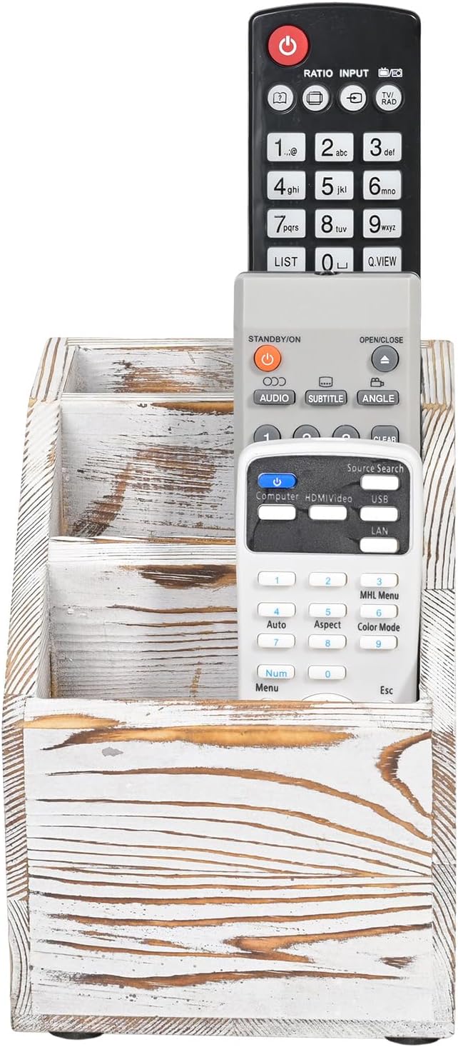 Wooden Remote Control Holder Organizer, 3 Compartment Storage Slots, TV Remote Holder for Table, TV Remote Media Remote Storage Box for Living Room (Vintage White)