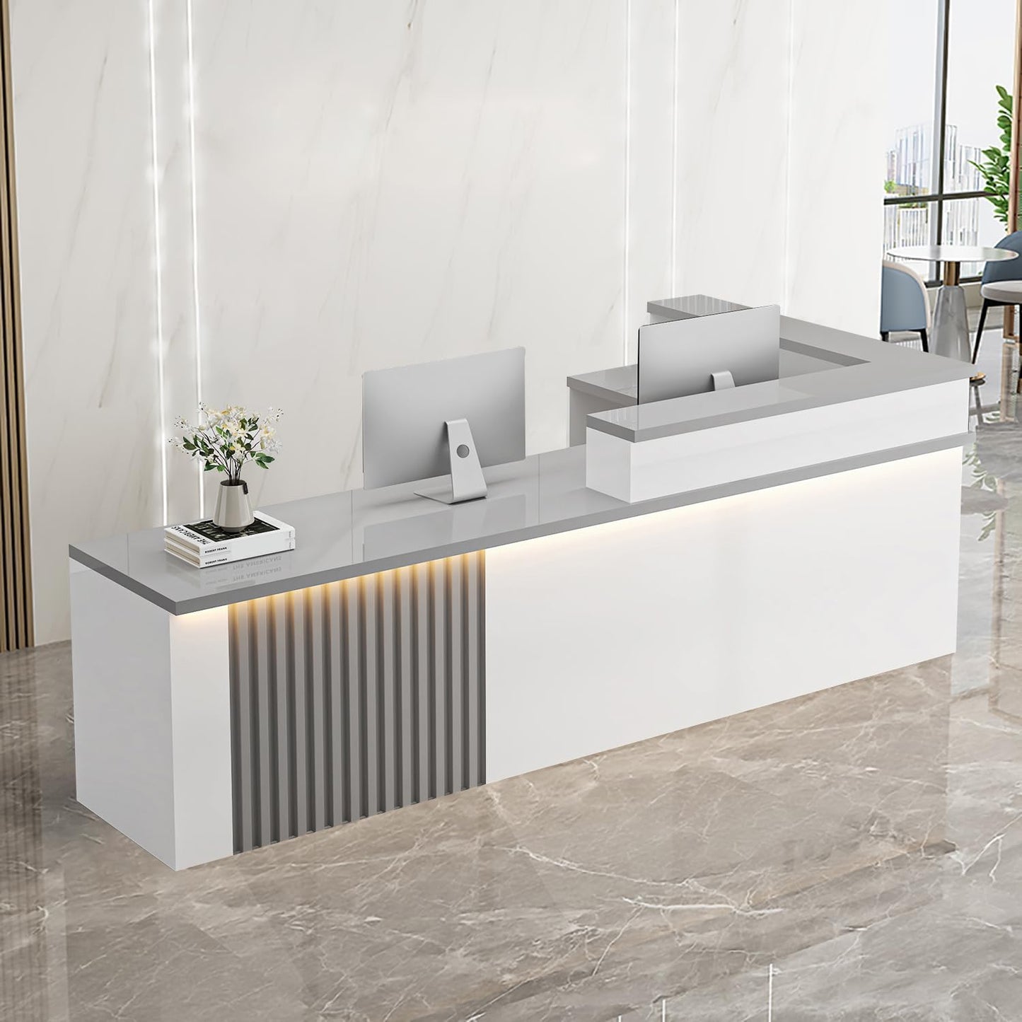 Receptionist Desk with LED Light，Wooden Salon Checkout Counter with Storage Drawer & Keyboard Tray Modern L-Shaped Reception Desk for Barbershop Office Company Store