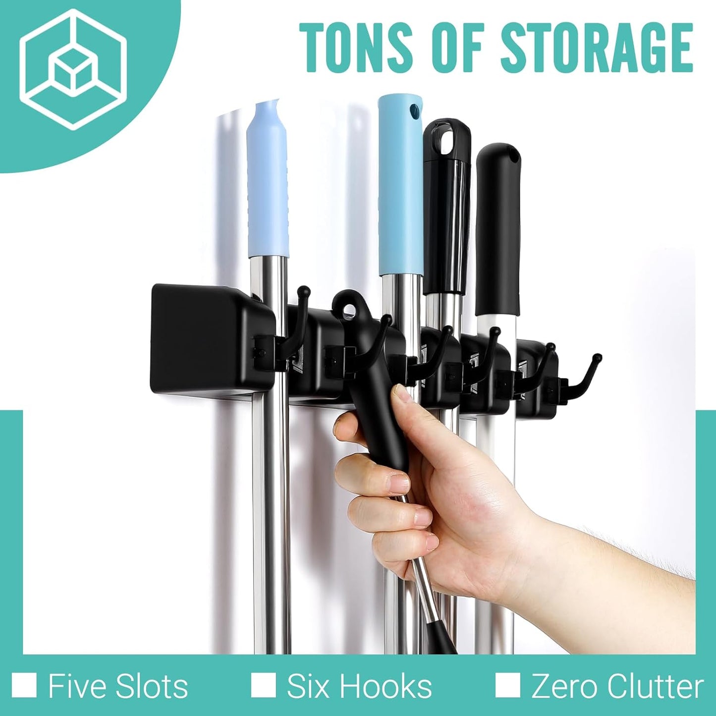 Broom and Mop Holder, Wall Mounted Organizer Mop and Broom Storage Tool Rack with 5 Ball Slots and 6 Hooks (2Pack)