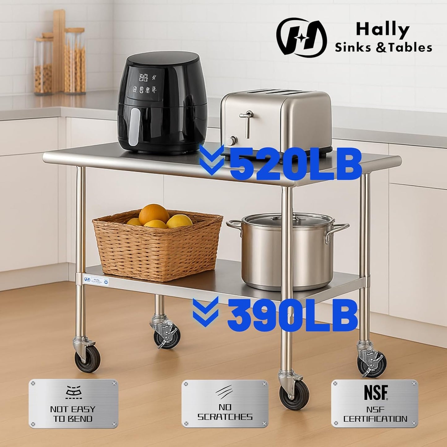 Hally Stainless Steel Table for Prep & Work 30 x 60 Inches with Caster Wheels, NSF Commercial Heavy Duty Table with Undershelf and Galvanized Legs for Restaurant, Home and Hotel