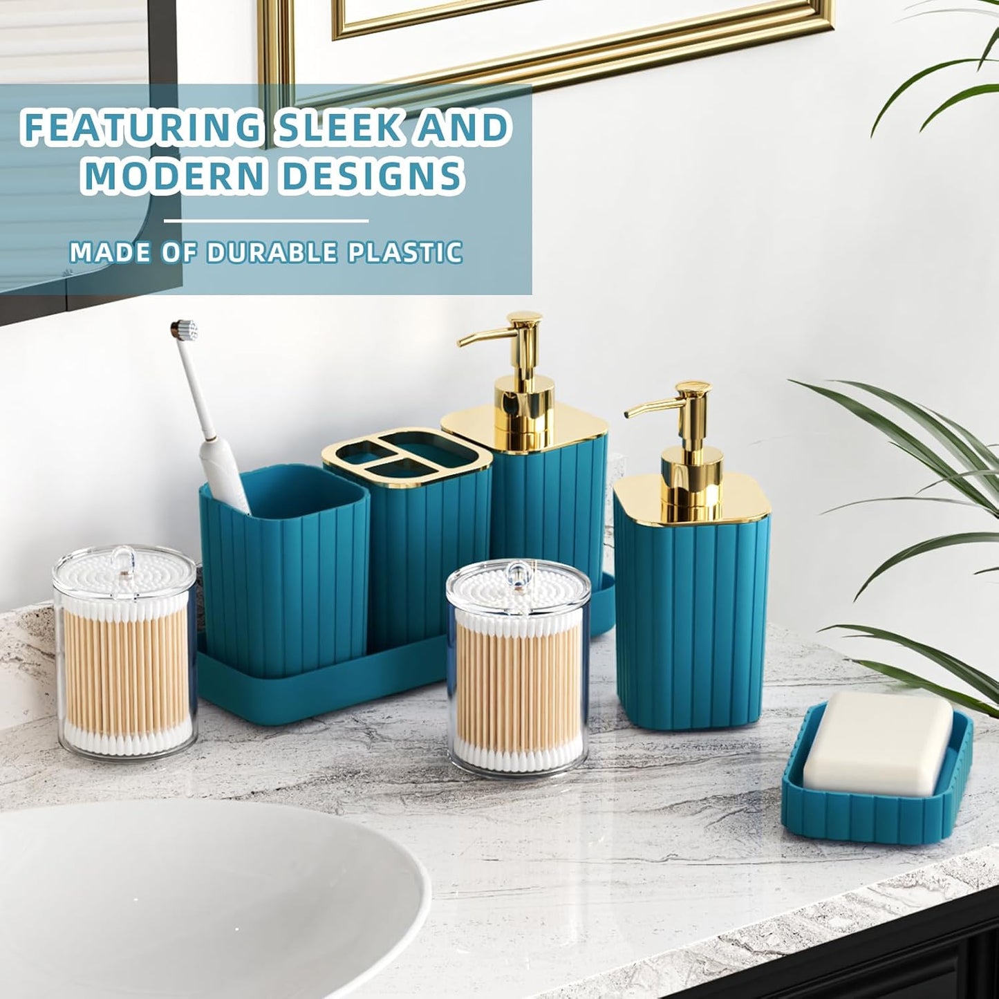 Bathroom Accessories Set - Gorgeous Bathroom Set, 10PC Teal Bathroom Accessory Set, Toilet Brush, Trash Can, Qtip Holder Dispenser & Soap Dispenser