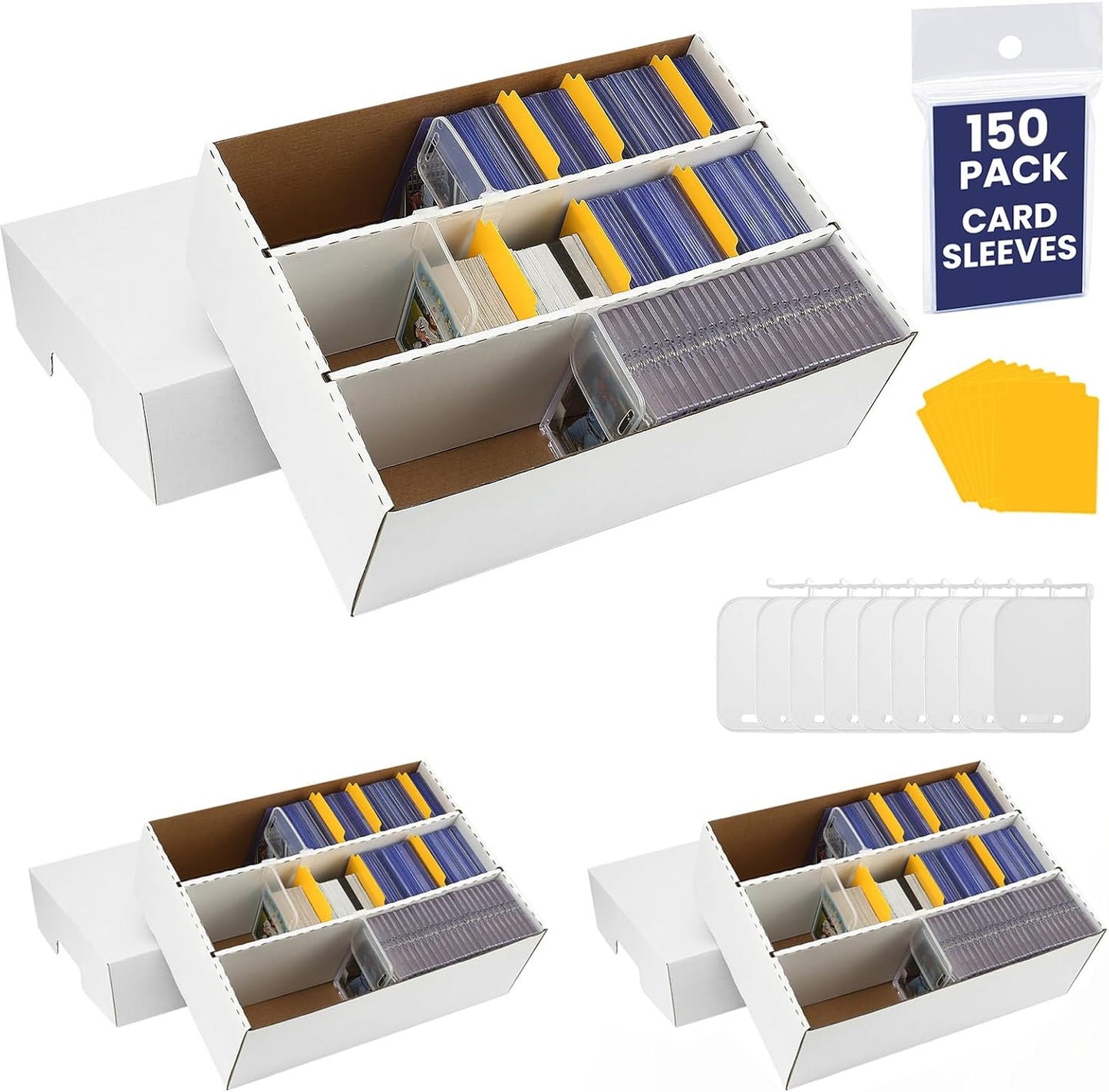 3Pack Card Box for Trading Card, 2400-count Cardboard Card Storage Box, 3-Row bulk Card Storage box with 150 Soft Sleeves & 24 Dividers,Card Organizer Box for TCG/Magic/Mtg，Toploader