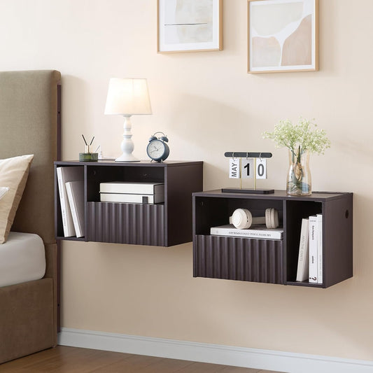 Modern Espresso Fluted Floating Nightstand with Charging Station, NightStand with Drawers, Bedside with USB Ports and Outlets, Bedroom Furniture (Set of 2)