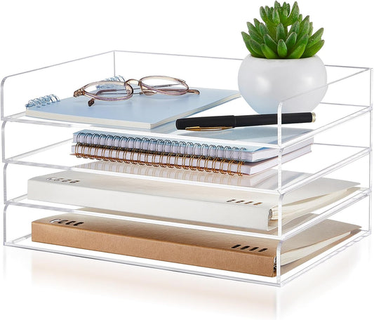 Harloon 4 Tier Acrylic Paper Tray 12.4 x 8.9 x 1.7 Inches Stackable Letter Clear Organizer No Need to Assemble Acrylic Paper Organizer File Tray for Office Workspace Desktop Storage(Transparent)