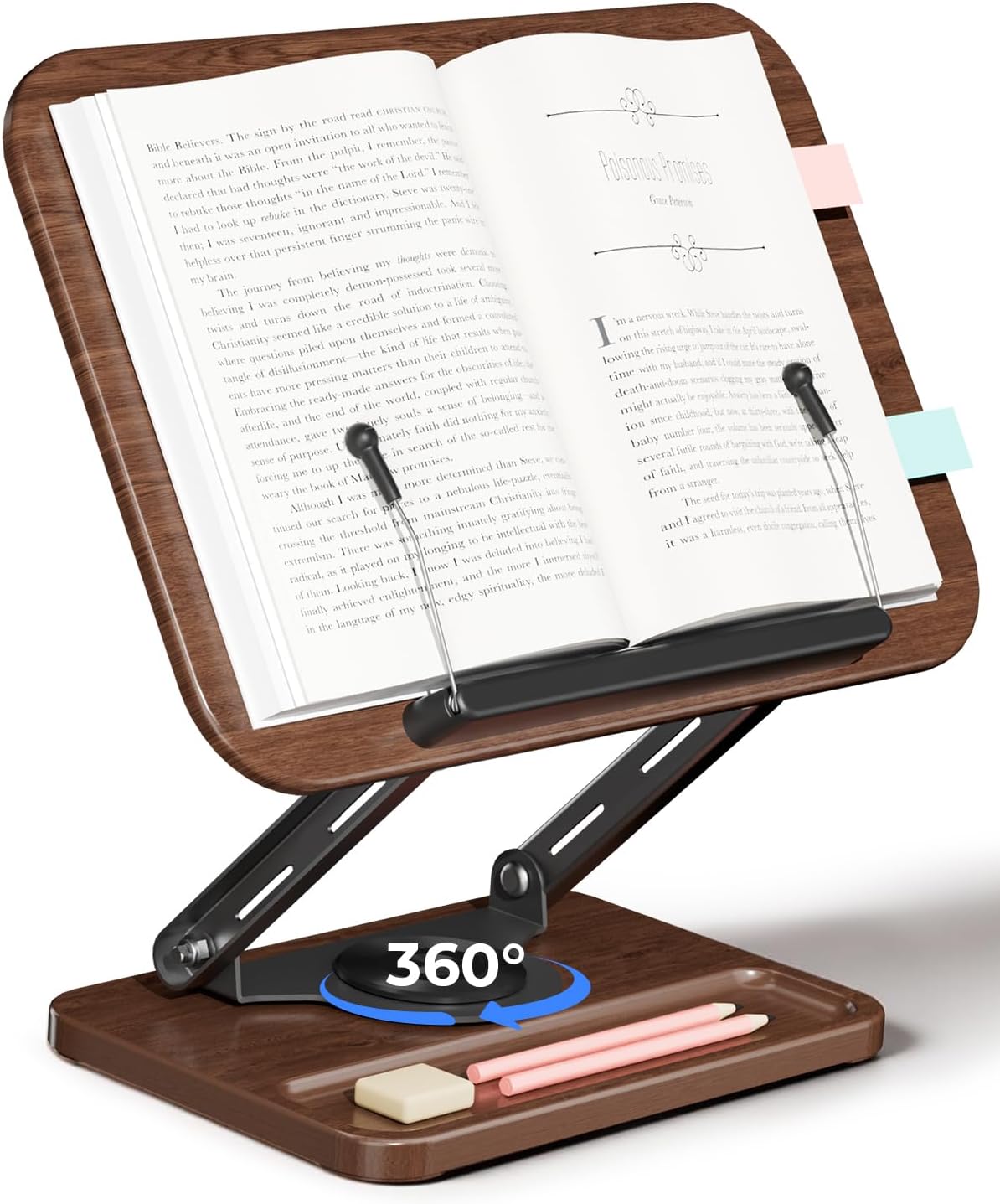 Viozon Book Stand for Reading, Book Holder 360° Rotating Base with Pen Slot, Foldable Reading Display Stand with Elastic Page Clips for Cookbook, Recipe, Textbook, Tablet, Laptop.