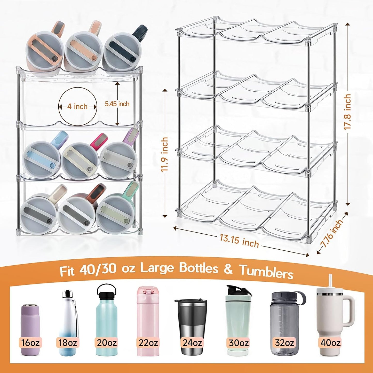 Water Bottle Organizer for Stanley 40 oz Tumbler, Stackable Water Bottle Holder for Kitchen Fridge Cabinet Organization and Storage, Plastic Wine Rack/Drink Bottle Holder (4 Pack - Hold 12)
