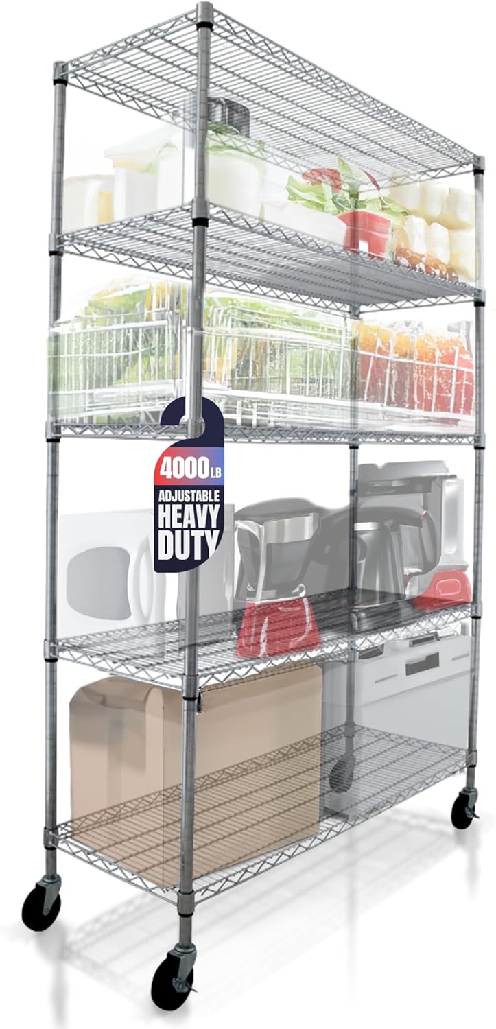 4000 LBS Heavy Duty Wire Rack 48 x 18 x 76, 5-Tier NSF Commercial Rolling Rack with Wheels, Chrome Metal Shelving Unit for Garage, Kitchen, Warehouse, Adjustable Storage Shelf, Crescent