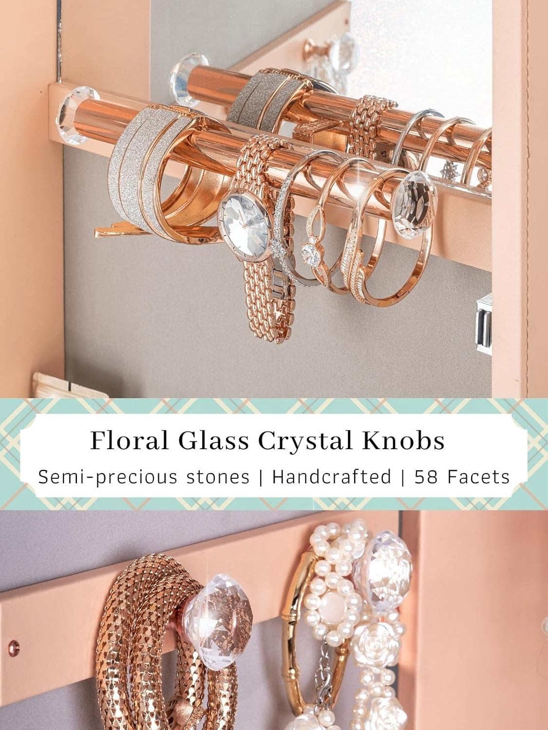 LUXFURNI Jewelry Armoire Organizer, Wall/Door Mounted Cabinet with Full Length Mirror (Peach)