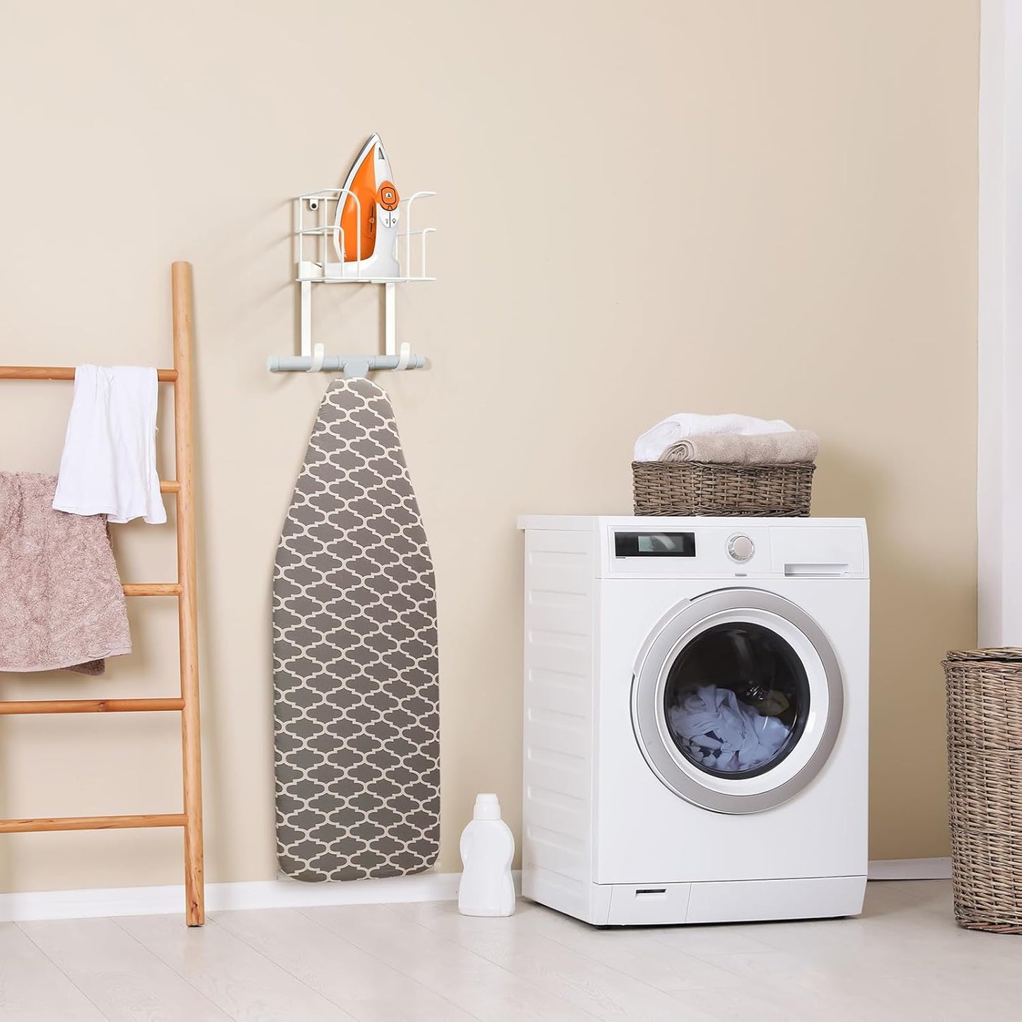 ORLESS Over The Door/Wall Mount Ironing Board Hanger, Laundry Room Iron and Ironing Board Caddy Storage Holder (White)