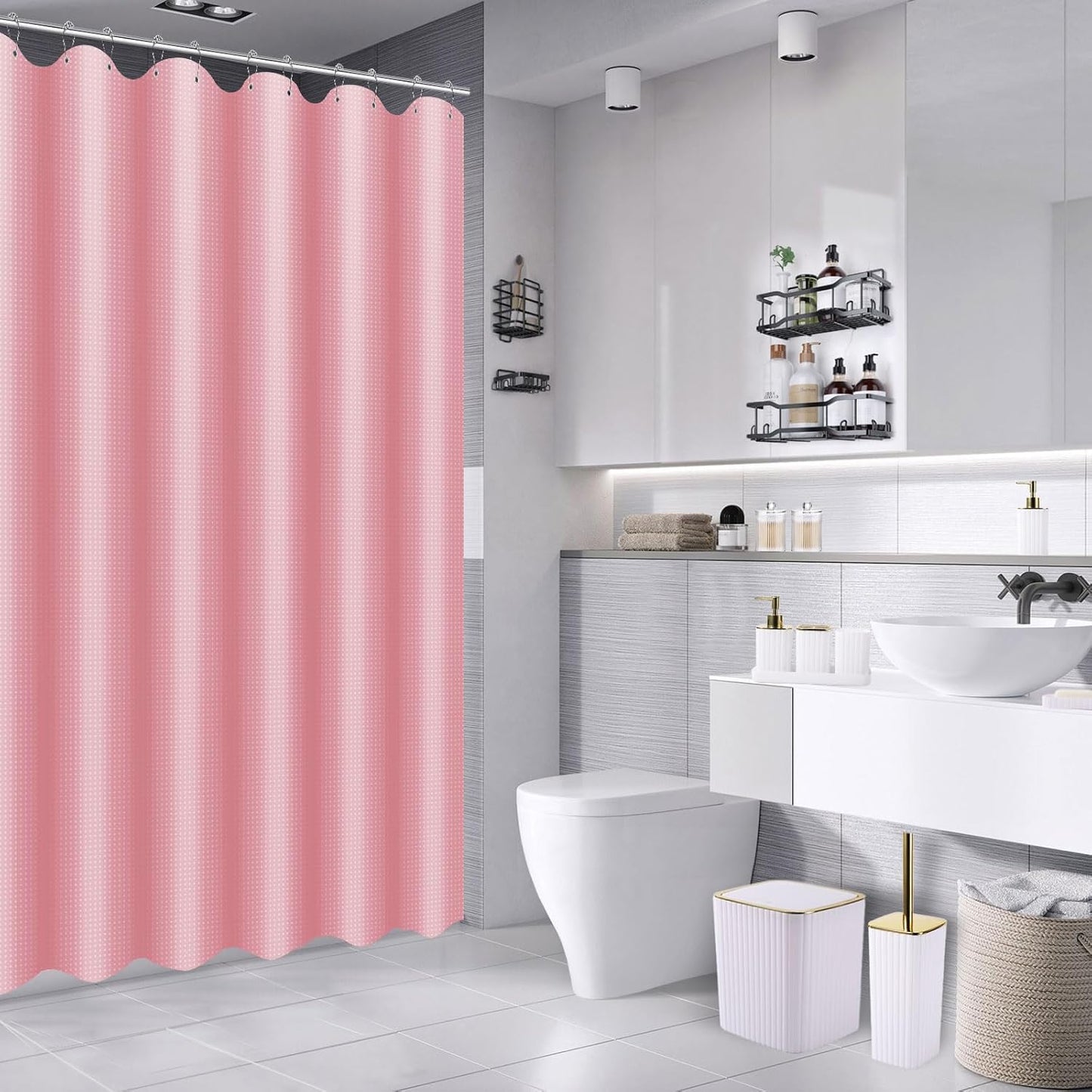 Bathroom Accessories Set - Gorgeous Bathroom Set, 28PC White Bathroom Accessory Set, Shower Curtain with 5PC Adhesive Corner Shower Caddy Hanging, Toilet Brush, Trash Can & Soap Dispenser