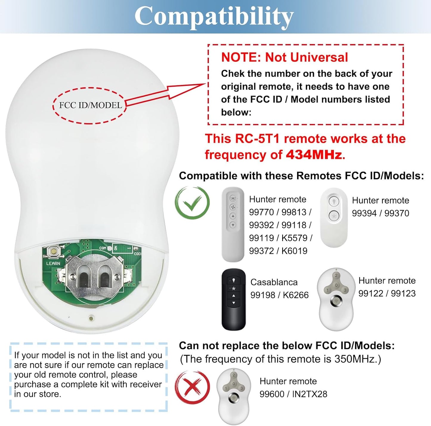 Ceiling Fan Remote Control Replacement for Hunter, Compatible with Hunter Remote 99122/99123, 3 Speed, Light Dimmer, 434MHz, Easy to Set with Mount Holder, Remote only - Receiver Not Included
